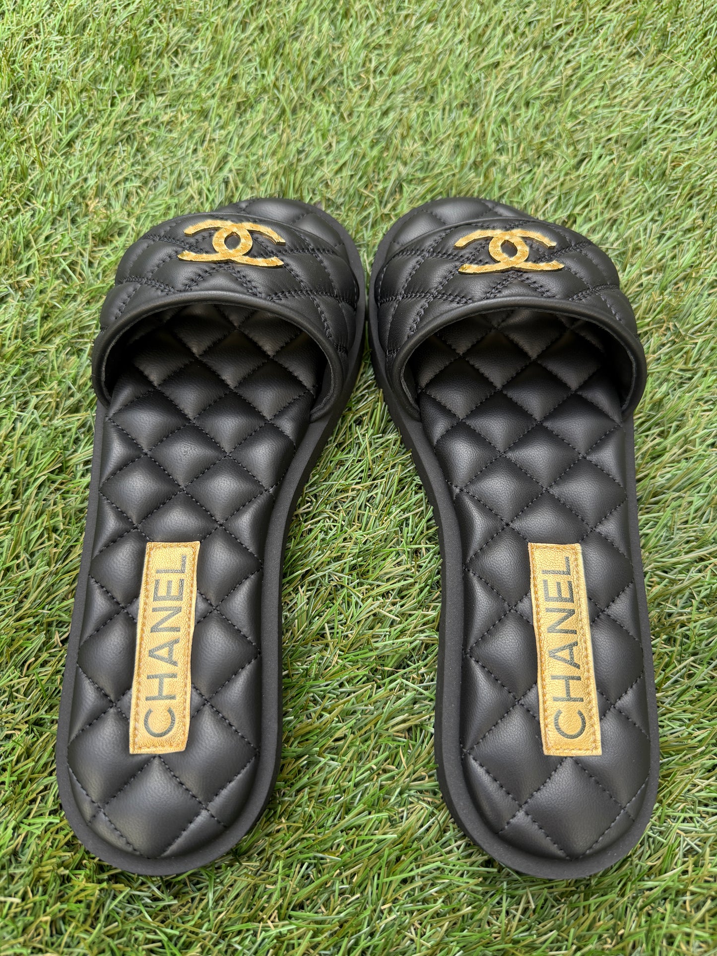 Chanel SS25 Black Leather Quilted CC Gold Tone Logo Sandals Slides Mules