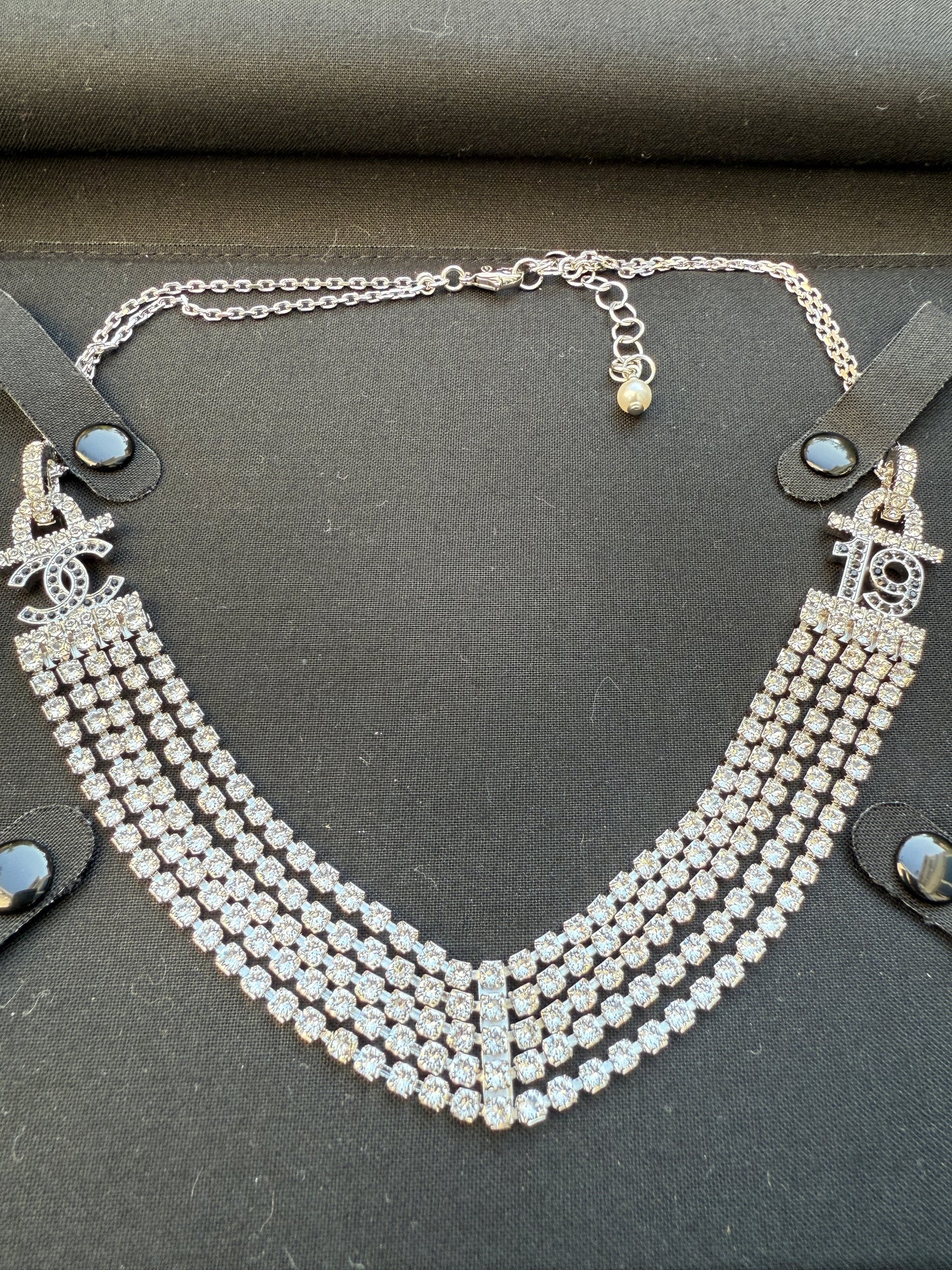CHANEL 2022A SILVER TONE CC 19 LOGO WHITE AND BLACK CRYSTALS NECKLACE CHARM CHOCKER