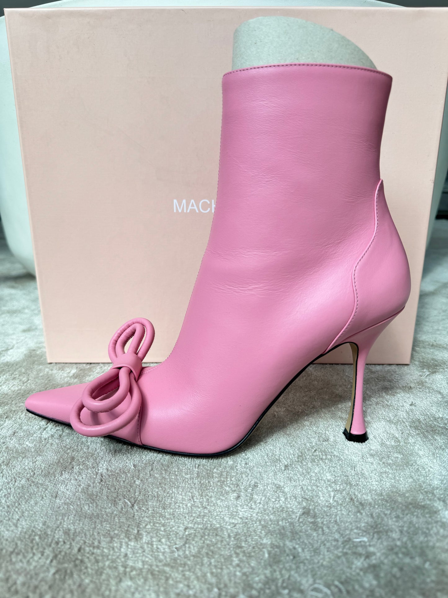 Mach & Mach Double Bow Pink Leather Pointed Toe Boots Booties