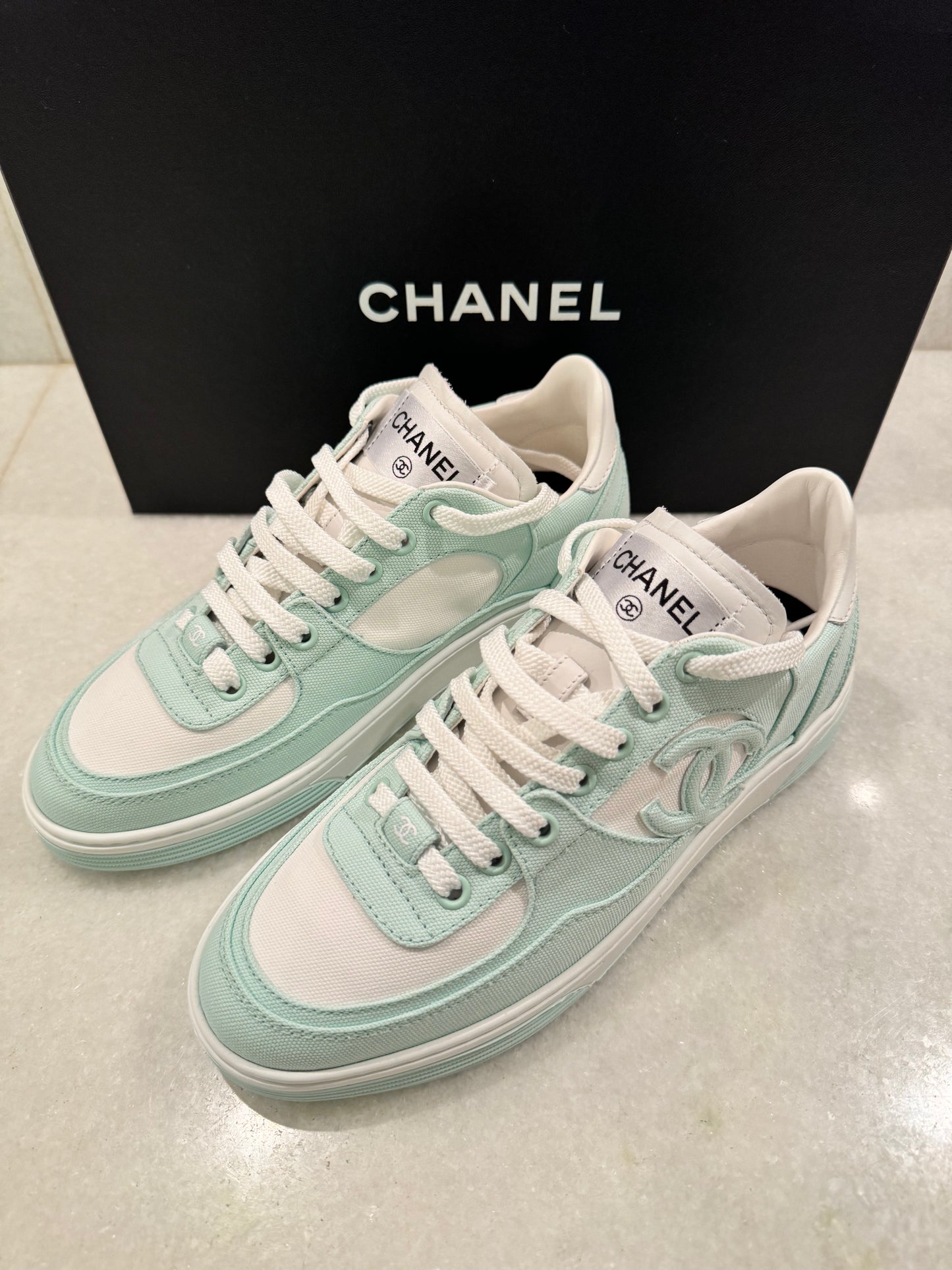 Chanel 24C Cruise 2024 Light Turquoise White Cotton CC Logo Trainers Sneakers