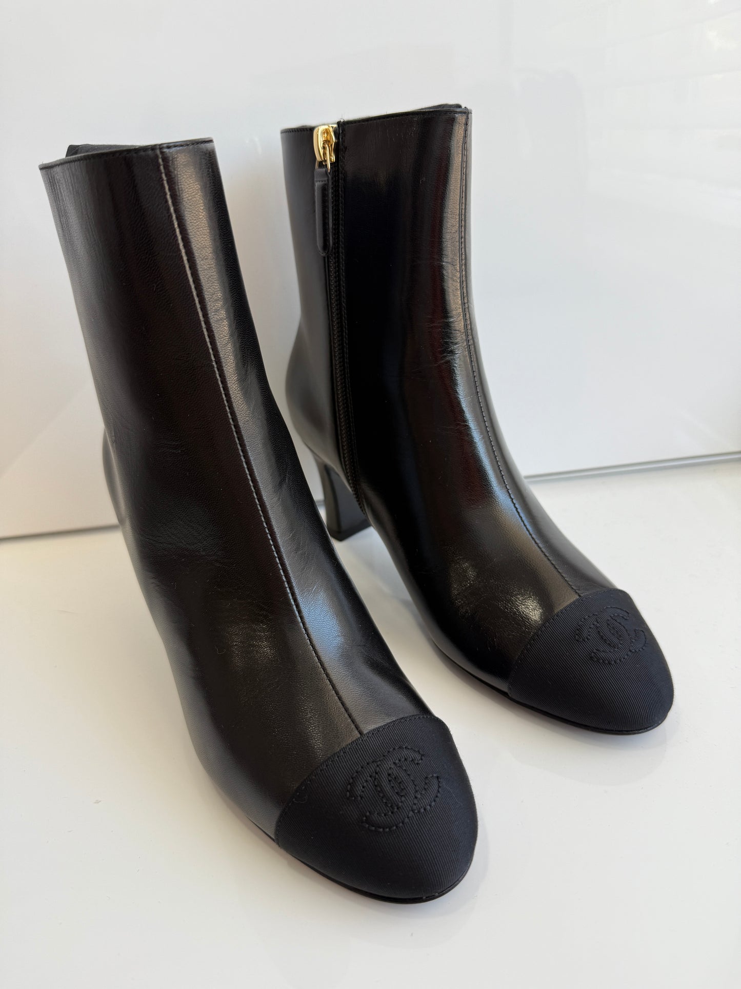 Chanel Black Lambskin Leather CC Logo Cap Toe Booties Ankle Boots Low Heel
