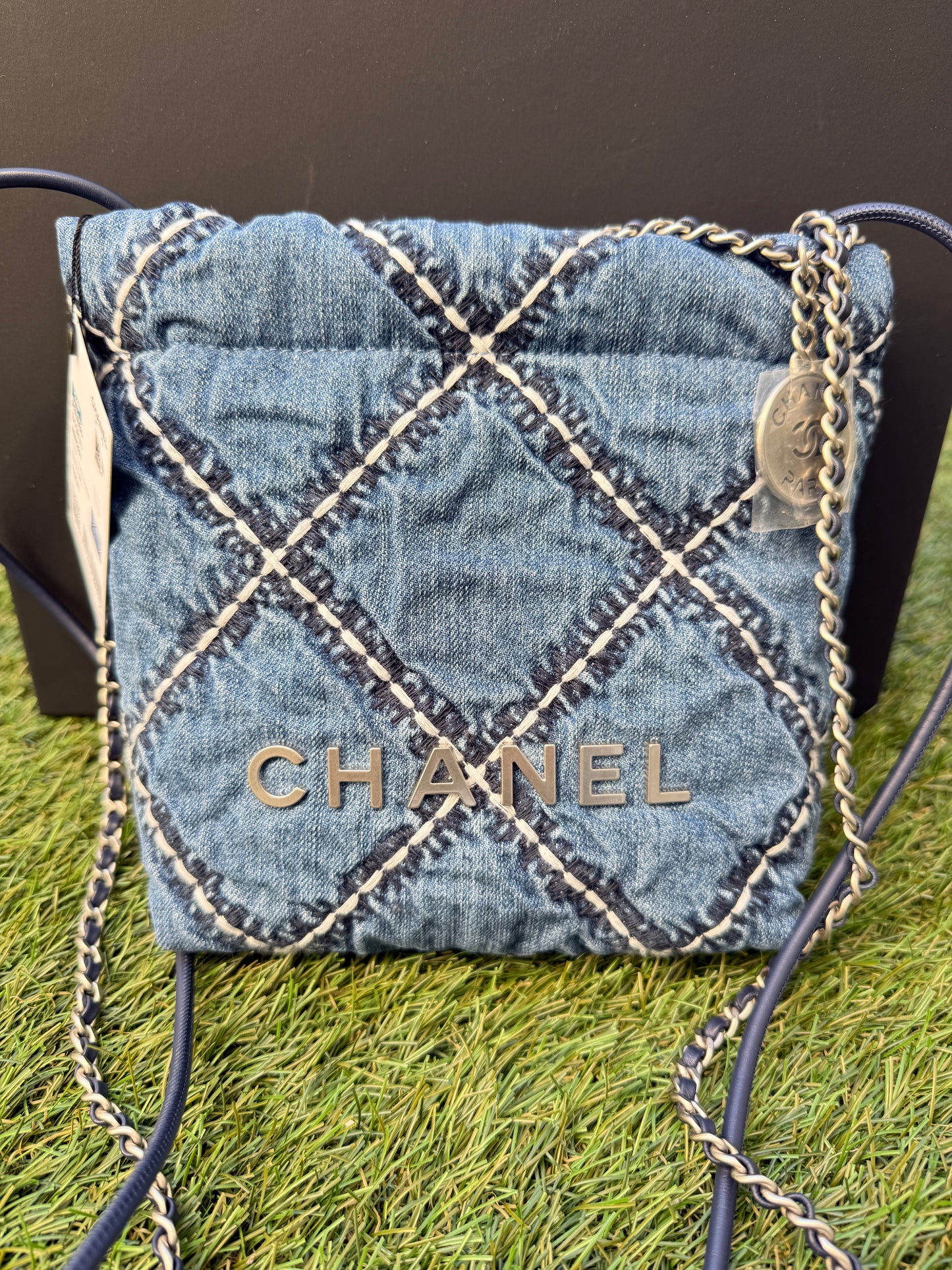 Chanel 22 Mini Denim Blue Quilted Jean Stitched Crossbody Hobo Bag Handbag 24P