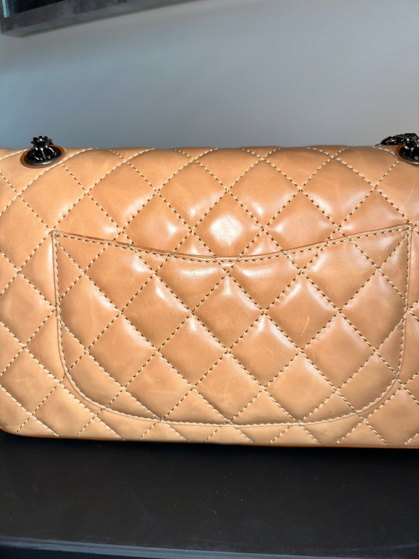 Chanel Reissue 226 Medium Double Flap Beige Two Tone Lambskin Quilted Handbag Bag Pre-Owned