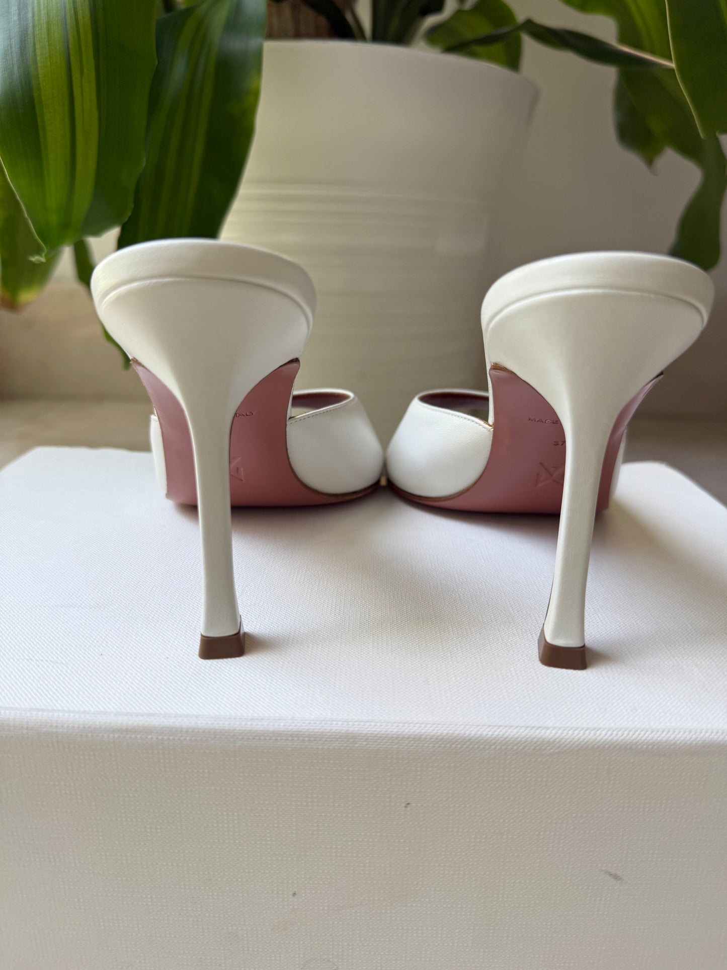 Amina Muaddi Alexa Slipper Peep Toe Slide White Leather Shoes Heels 90mm