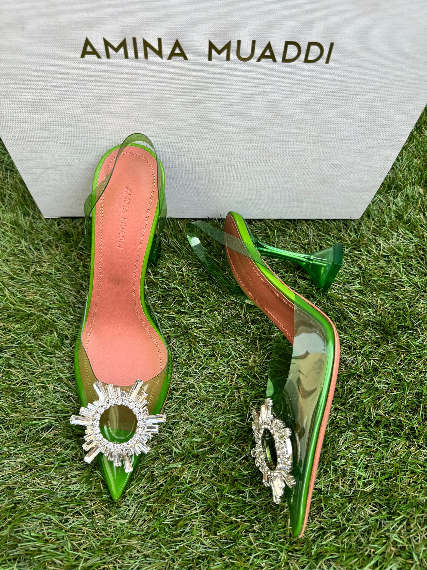 Amina Muaddi Begum Glass Jungle Green PVC Buckle Crystal Embellished Pumps Slingback Heel