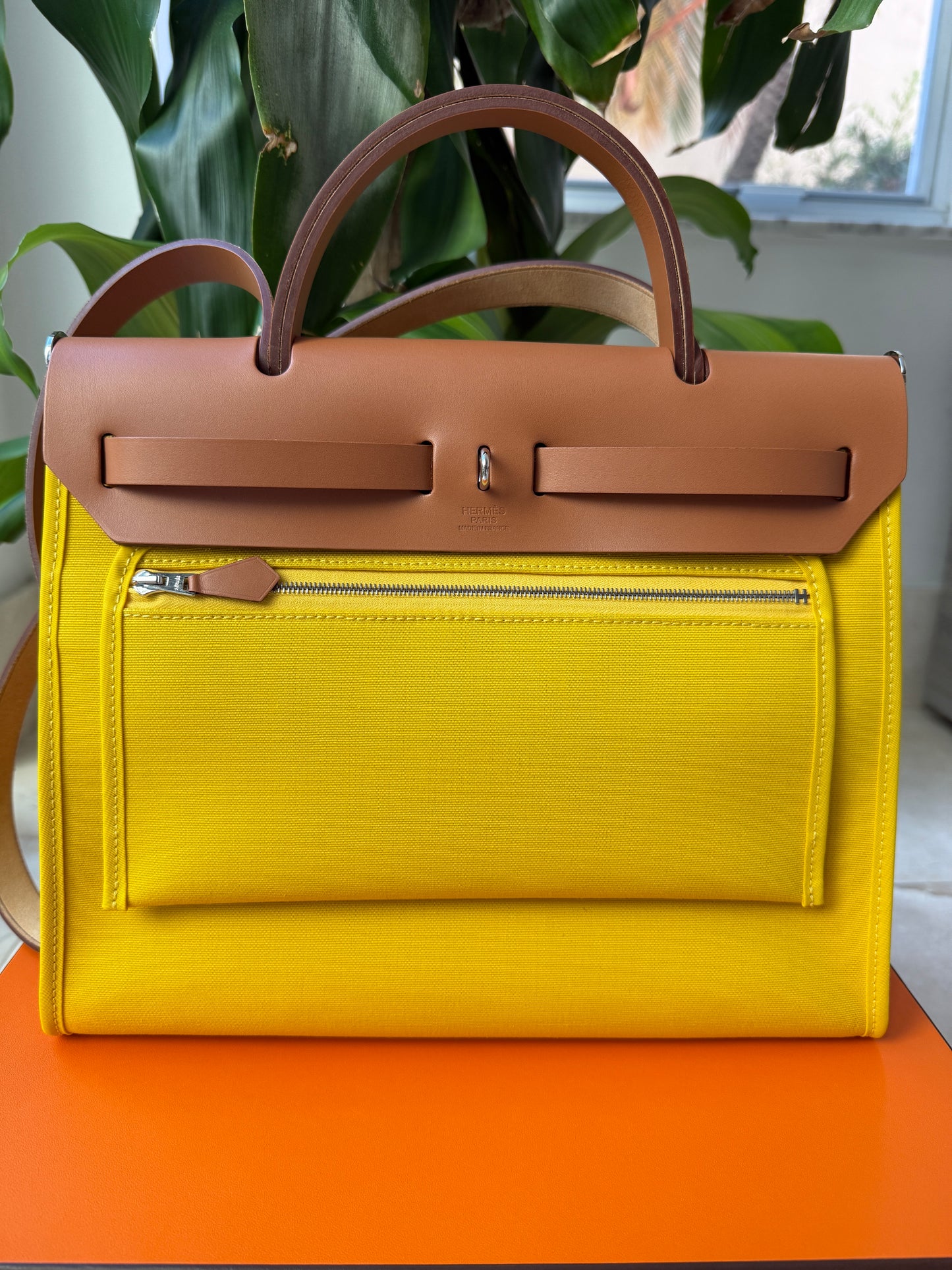 Hermès HERBAG 31 YELLOW JAUNE DE NAPLES CANVAS NATUREL LEATHER BAG Palladium HW
