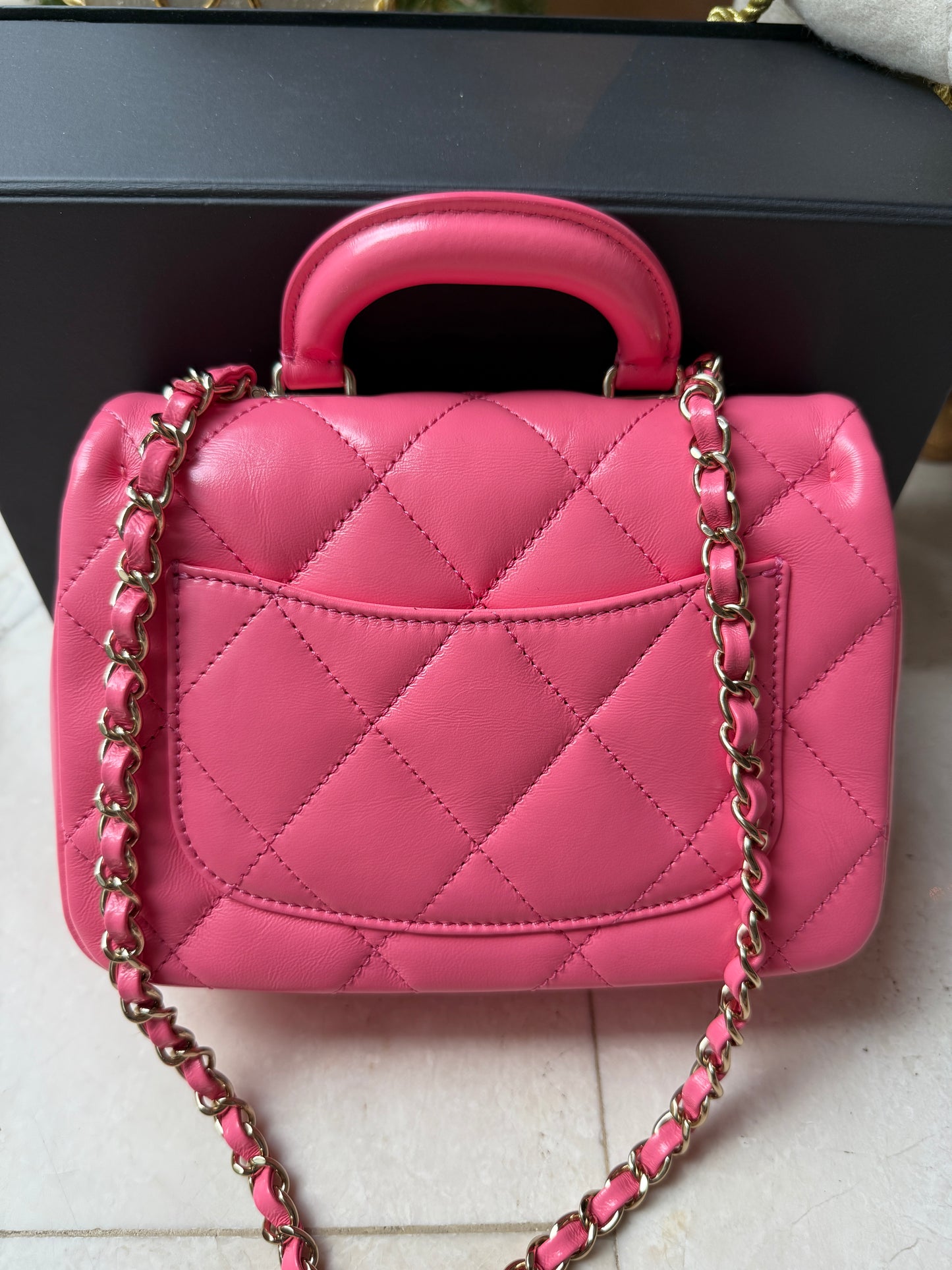 CHANEL 2024C PINK LEATHER MINI RECTANGULAR CROSSBODY TOP HANDLE BAG GOLD HW