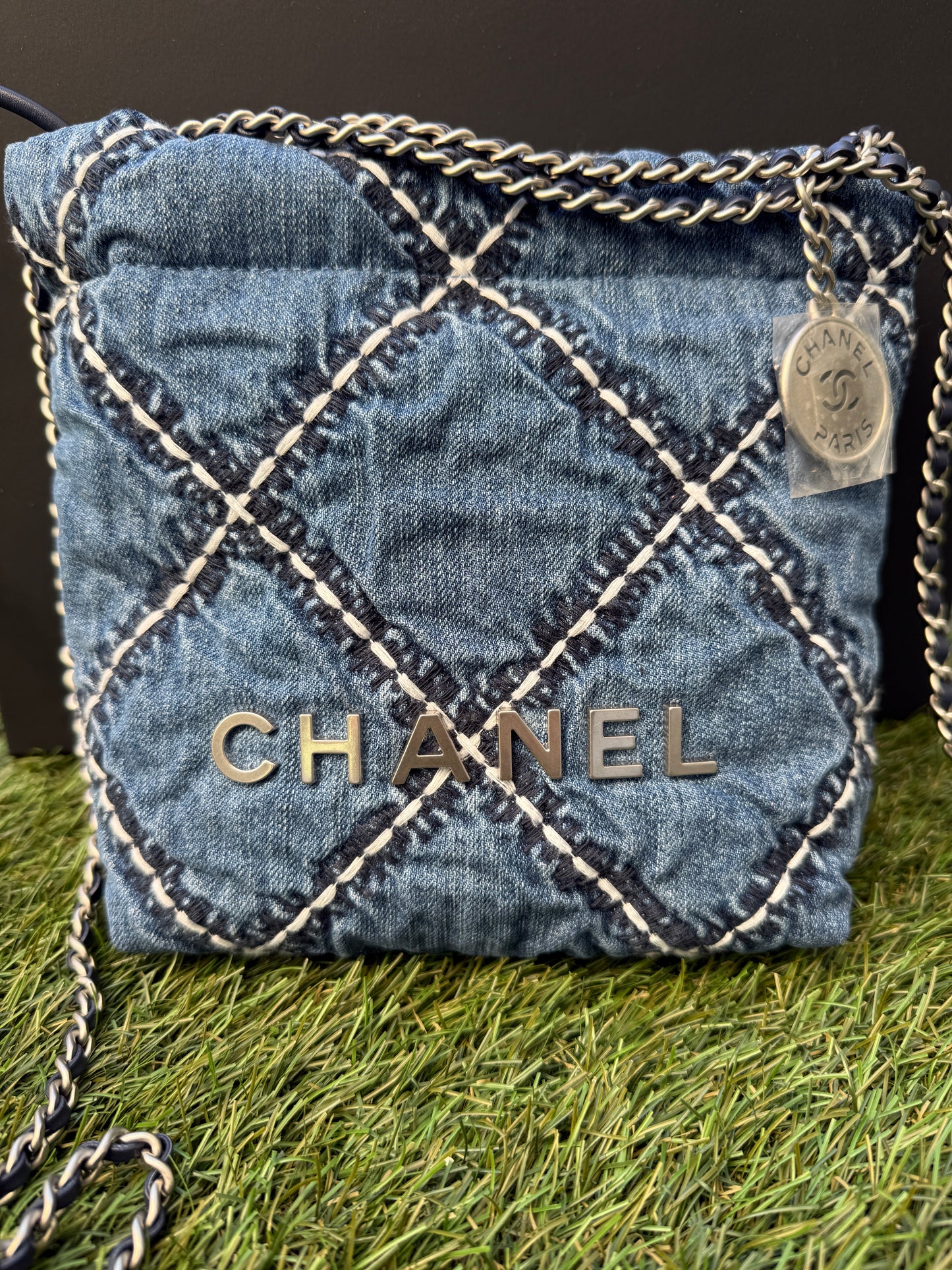 Chanel 22 Mini Denim Blue Quilted Jean Stitched Crossbody Hobo Bag Handbag 24P