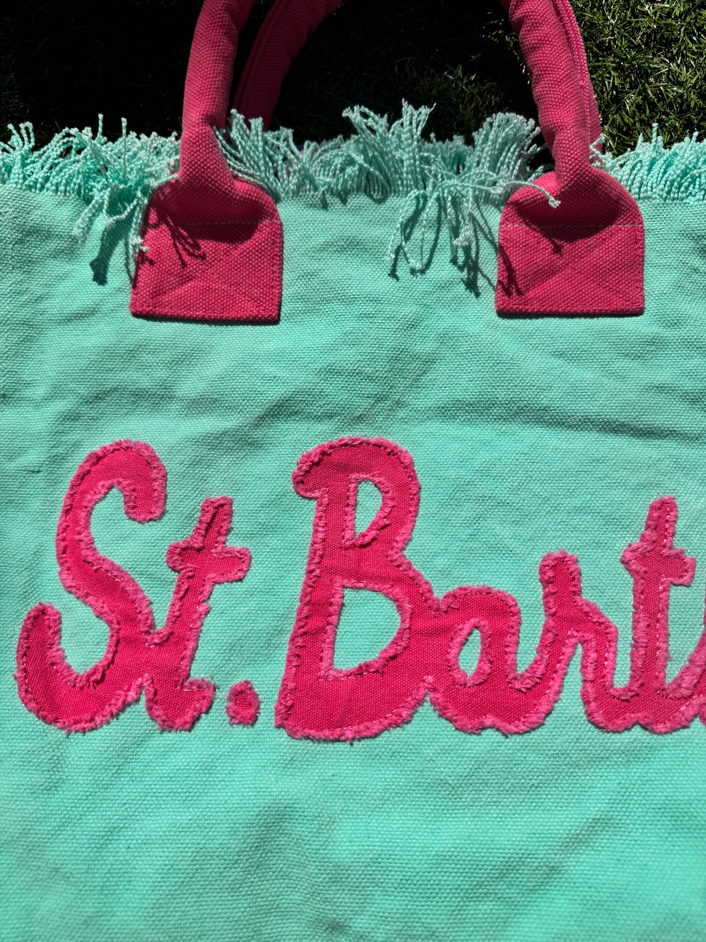 MC2 Saint Barth Vanity Patch Canvas Embossed Light Blue Pink Beach Tote Bag