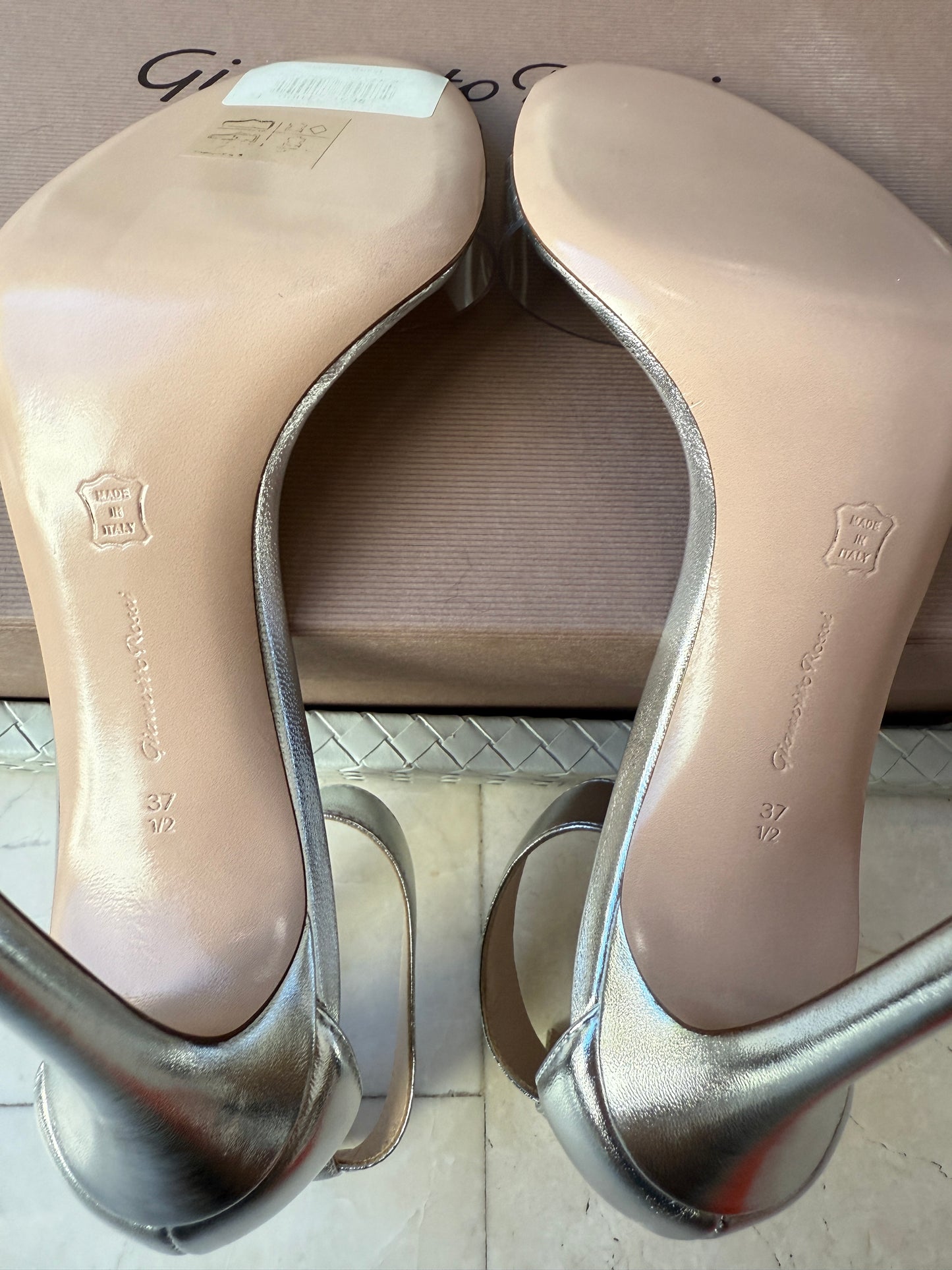 Gianvito Rossi Portofino 105 Silver Metallic Leather Ankle Strap PVC Sandals Pumps Heels