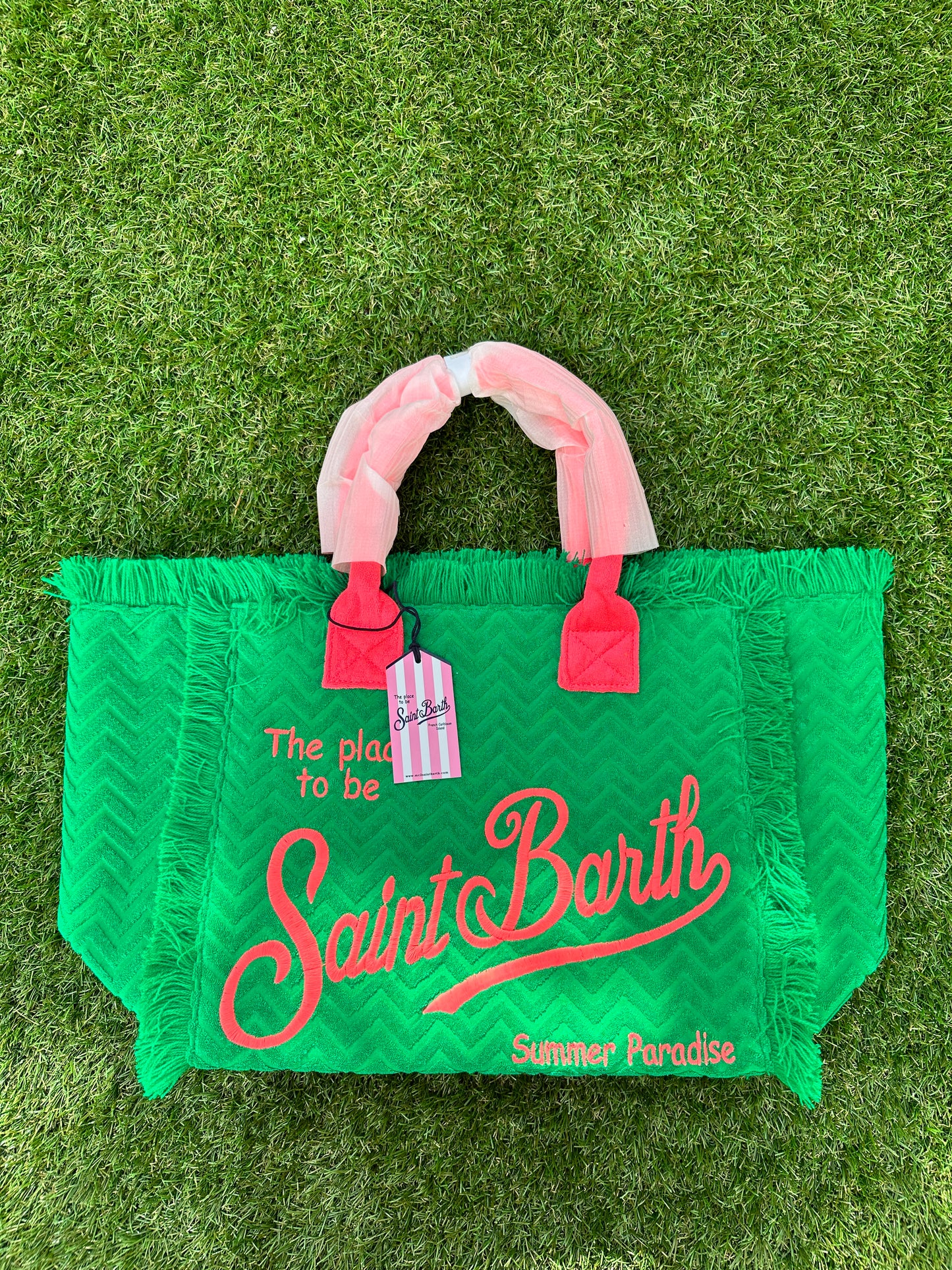 MC2 Saint Barth Vanity Terry Embossed Green Fuchsia Pink Beach Tote Bag