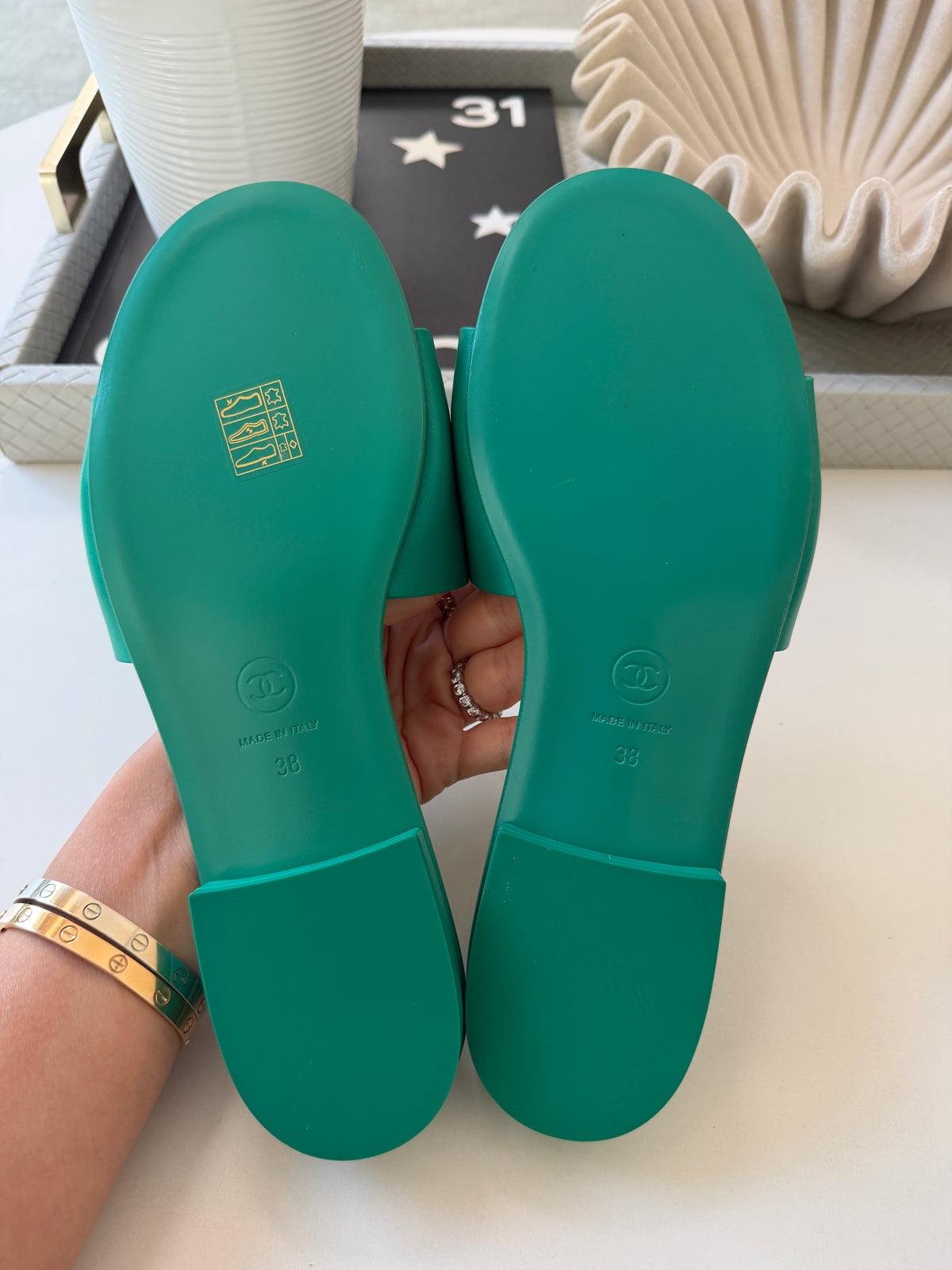 CHANEL CHA NEL LOGO GREEN LEATHER FLAT SHOES SLIDES MULES