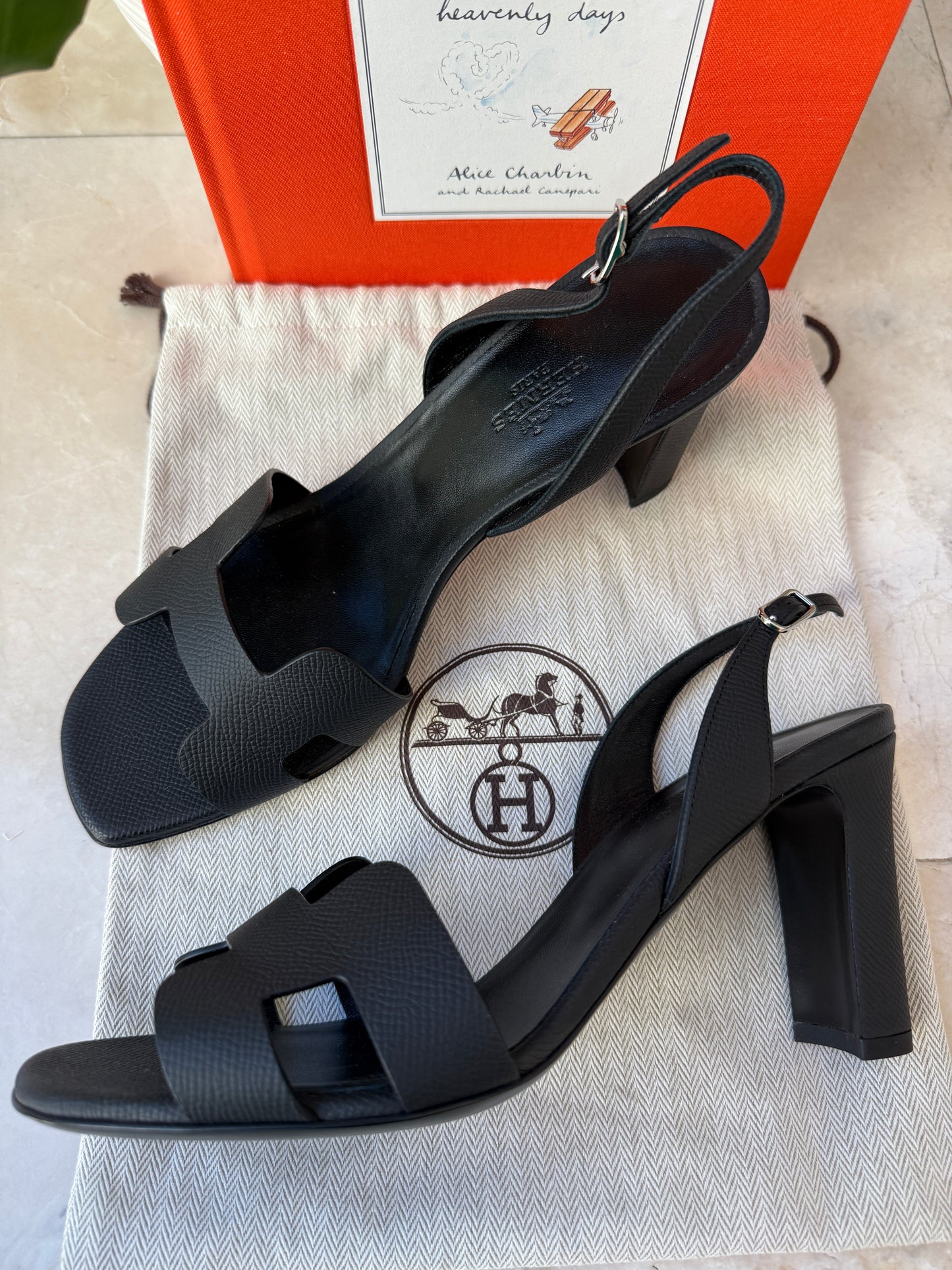 HERMES ETERNITE 80 SANDALS BLACK NOIR EPSOM HIGH HEELS SLINGBACK SHOES