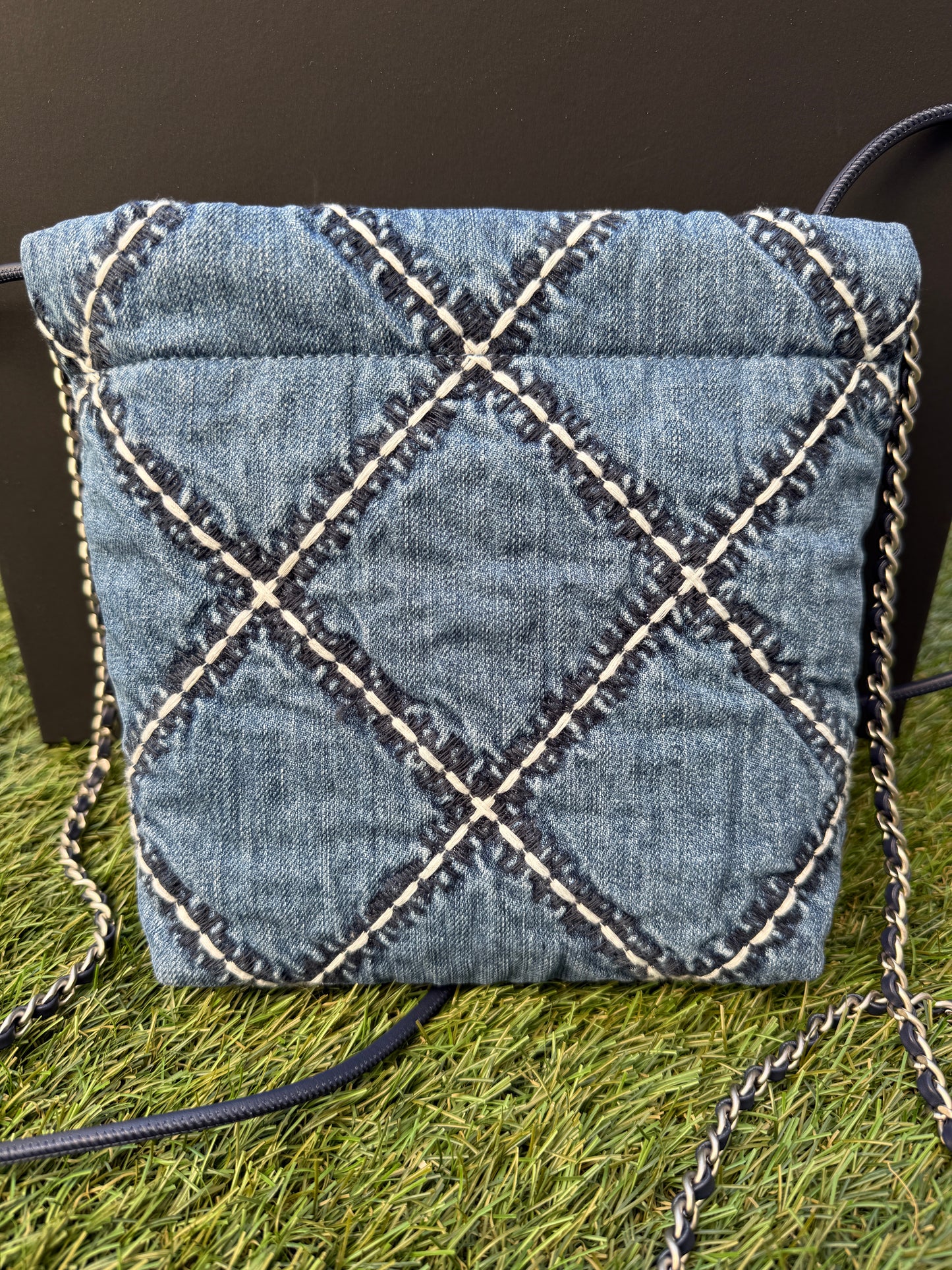 Chanel 22 Mini Denim Blue Quilted Jean Stitched Crossbody Hobo Bag Handbag 24P