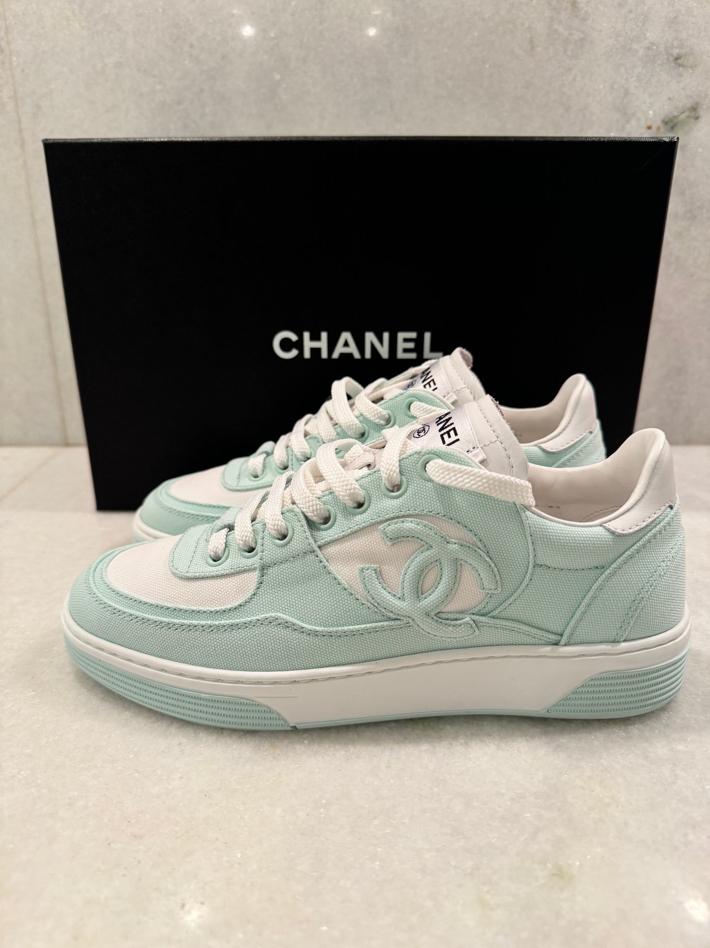 Chanel 24C Cruise 2024 Light Turquoise White Cotton CC Logo Trainers Sneakers