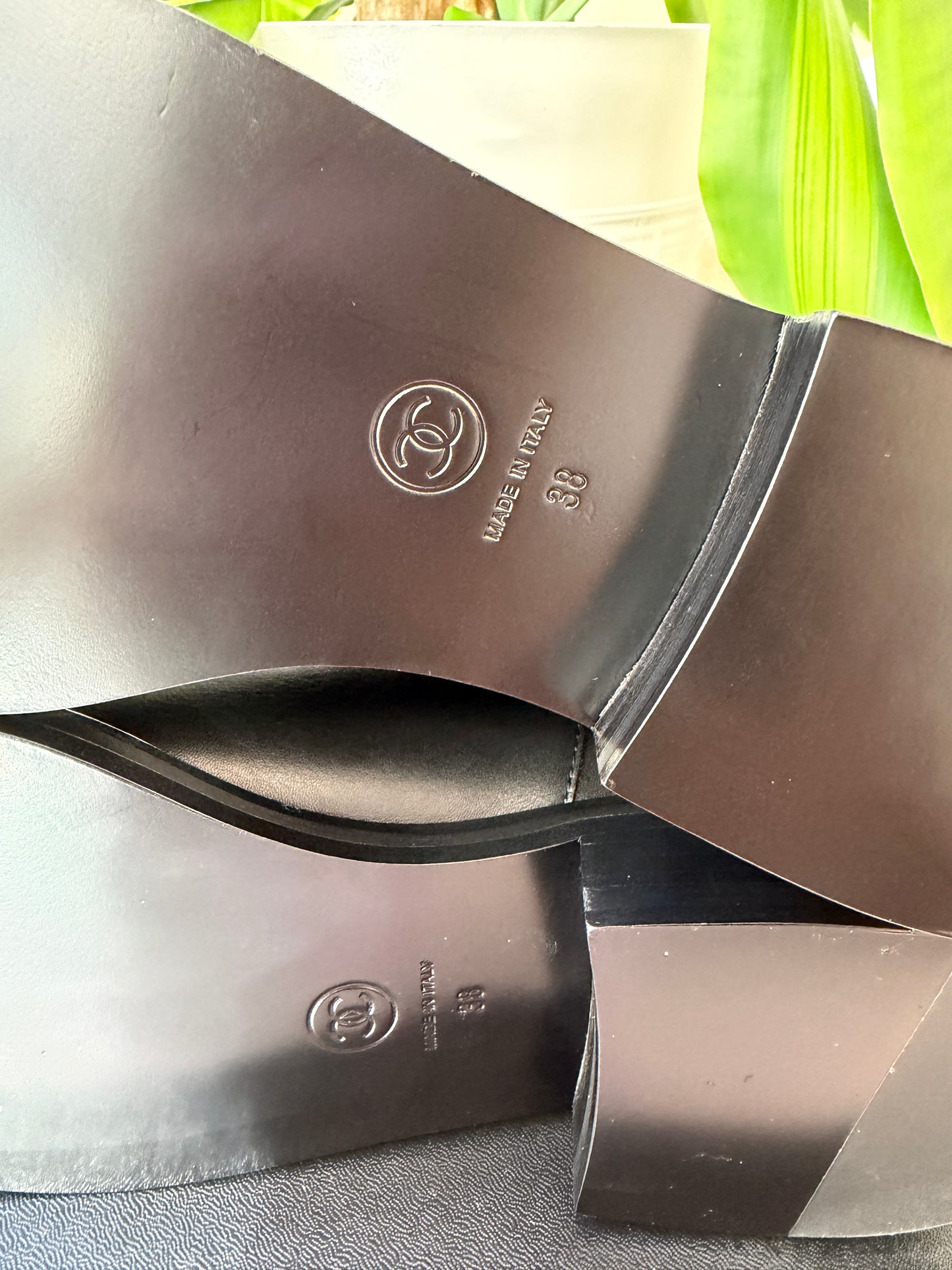 Chanel Calfskin CC Chain Logo Clover Gold Chain Charms Black Leather Boots Ankle Flat Booties