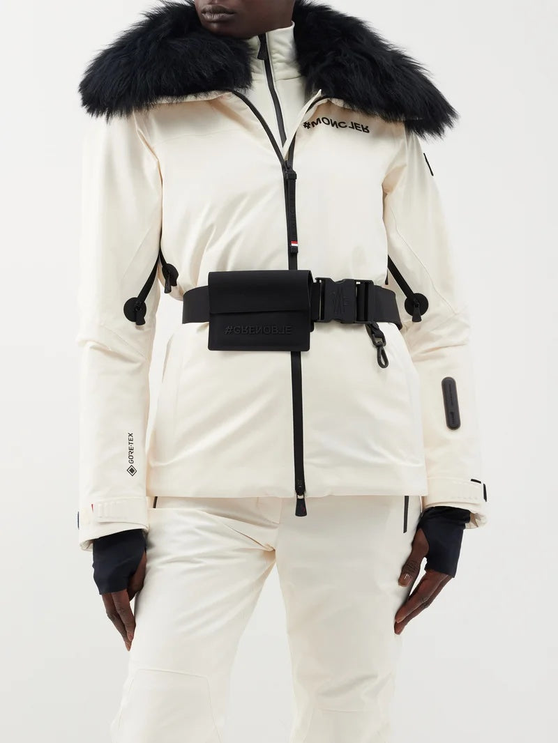 Moncler Grenoble Vizelle Off-White Ivory Lamb Detachable Fur Down Puffer Apres Ski Jacket Black Belted