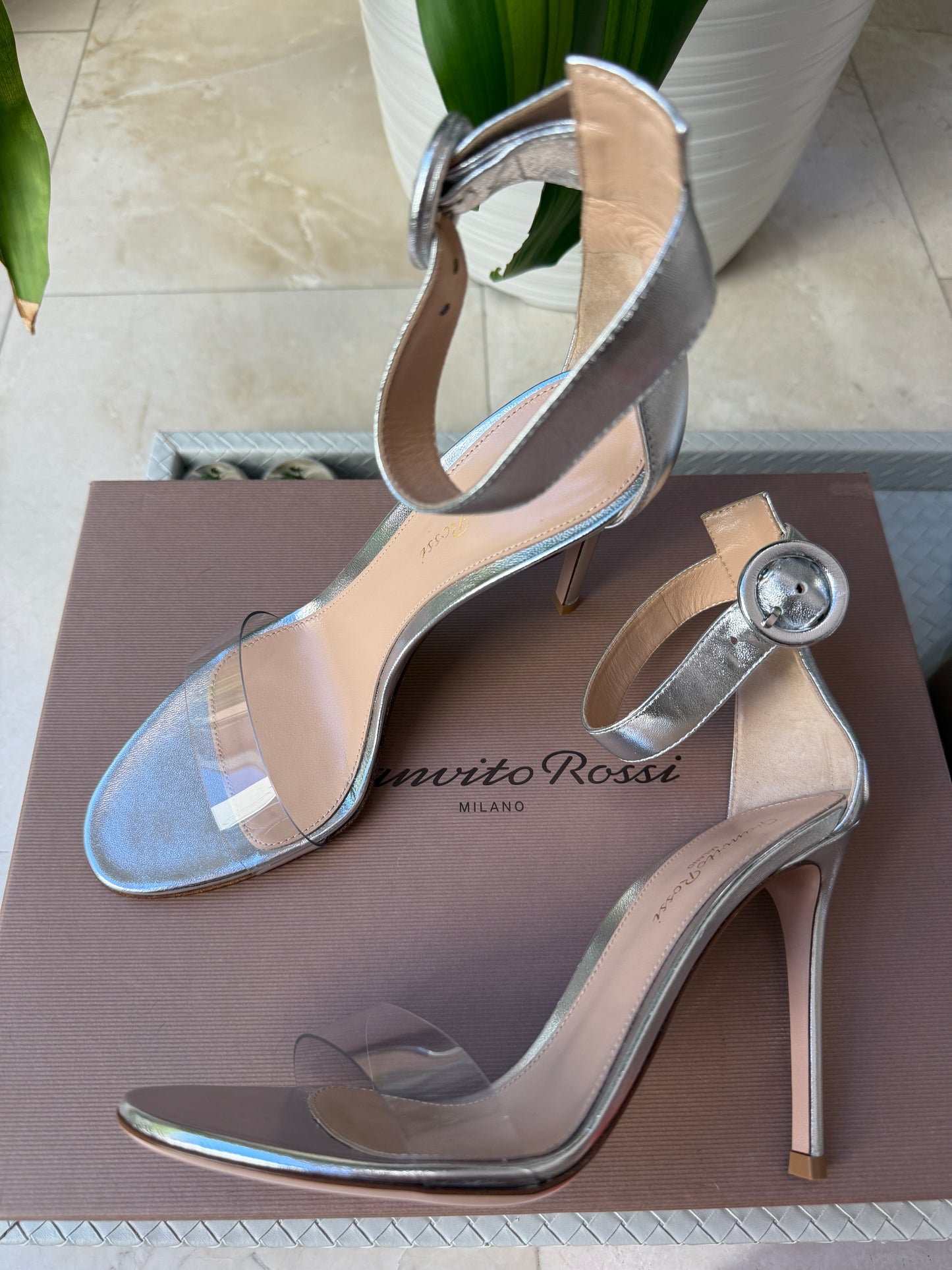 Gianvito Rossi Portofino 105 Silver Metallic Leather Ankle Strap PVC Sandals Pumps Heels
