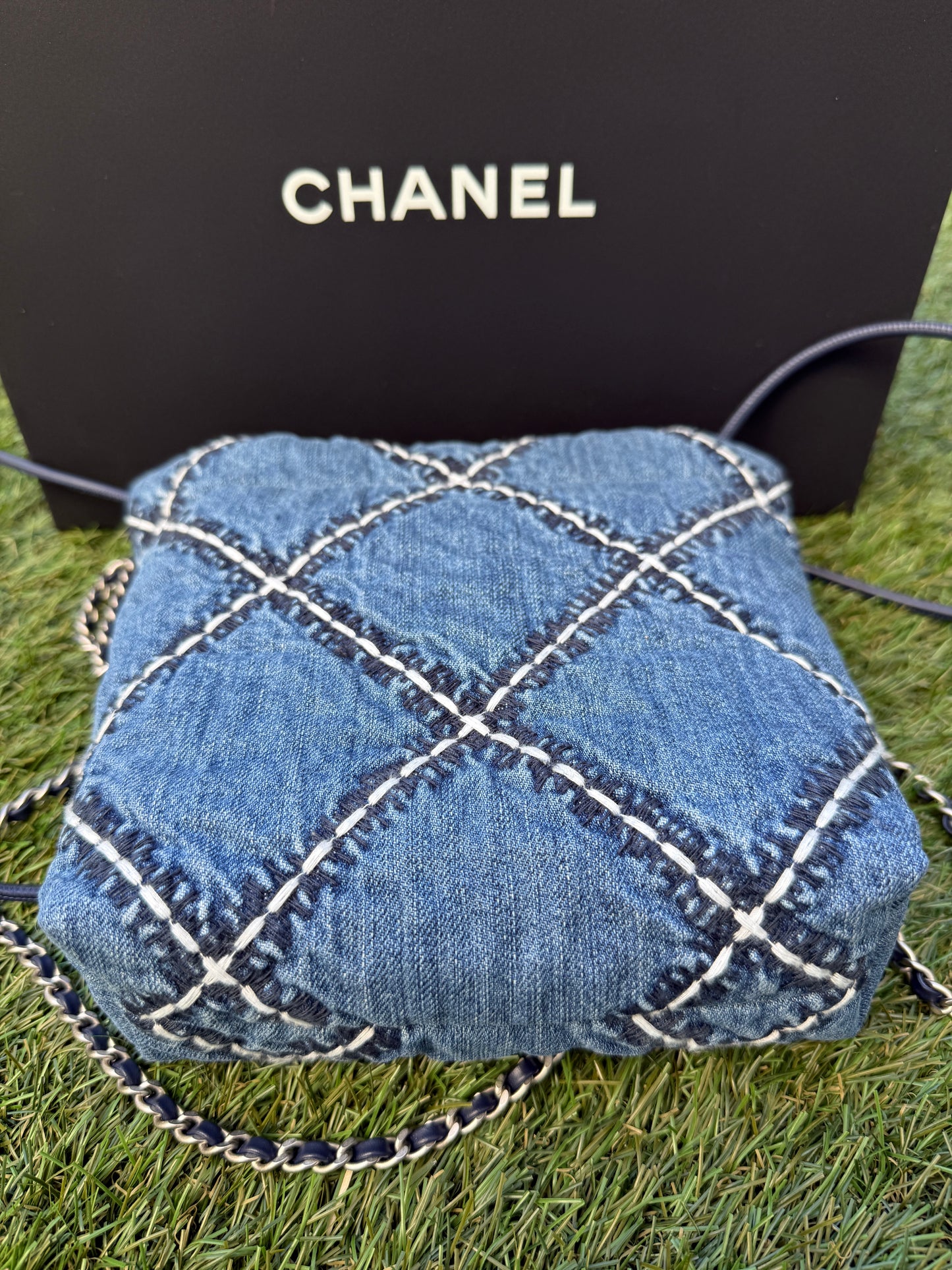 Chanel 22 Mini Denim Blue Quilted Jean Stitched Crossbody Hobo Bag Handbag 24P