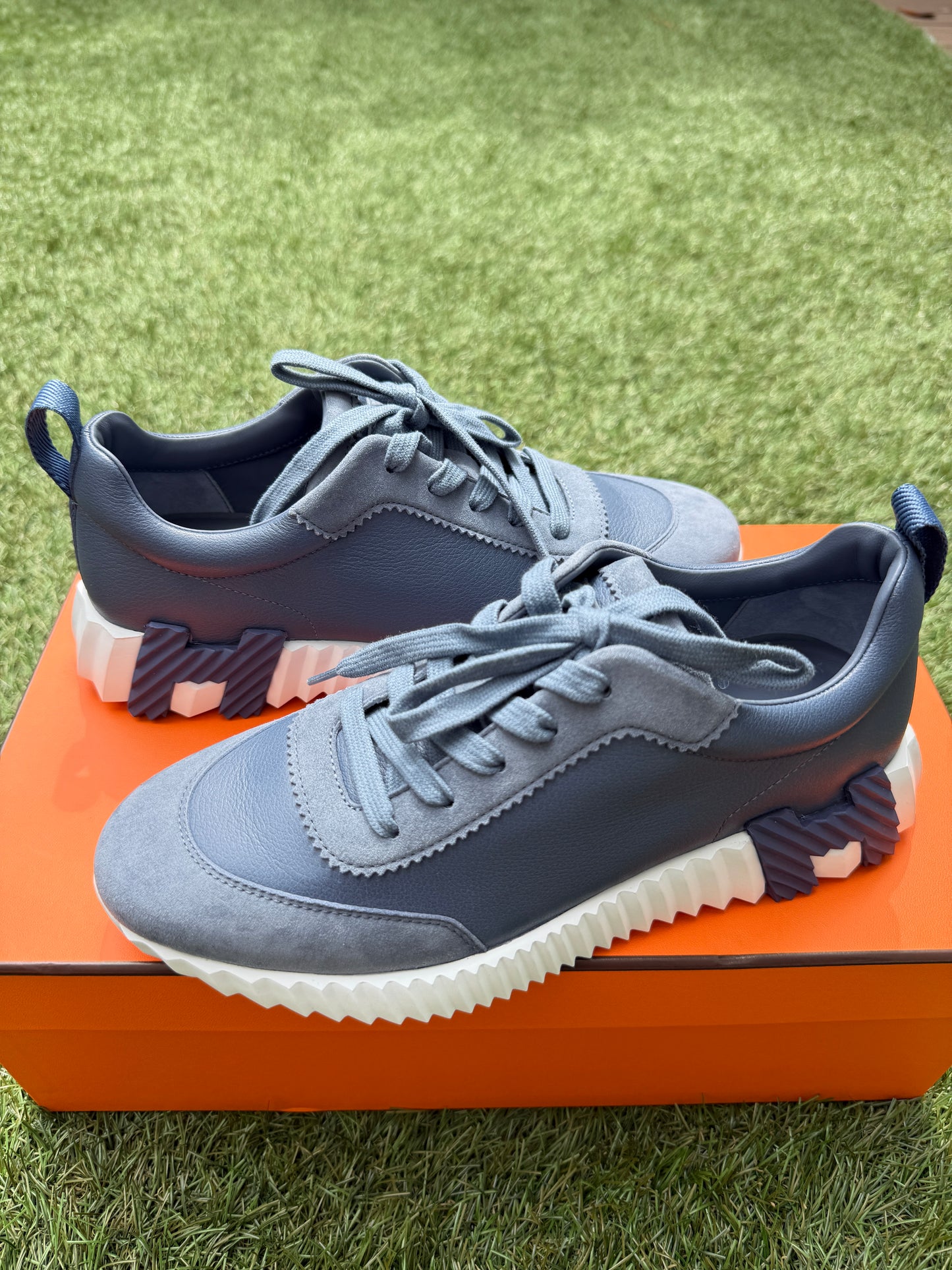 HERMES BOUNCING BLUE MER LEATHER SUEDE WHITE SOLE TRAINERS FASHION SNEAKERS