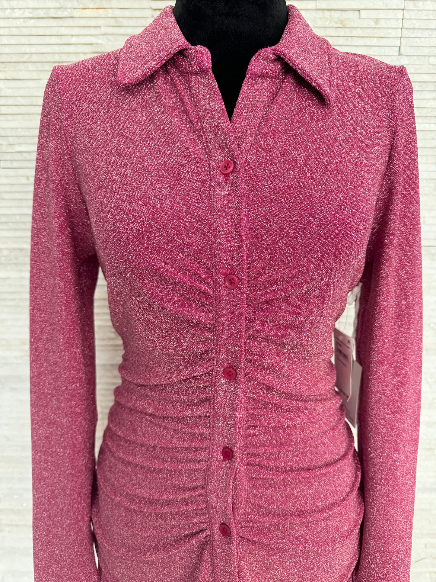 Good American Sparkly Sparkle Metallic Ruched Long Sleeve Mini Dress
