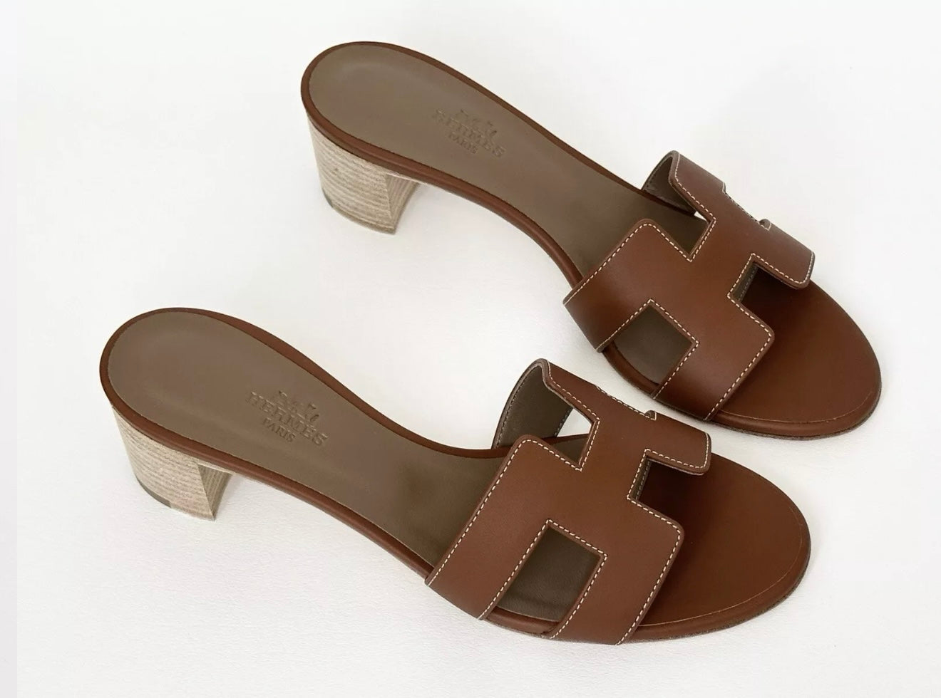 HERMES H OASIS SANDALS IN GOLD BROWN LEATHER SHOES MULES SLIDES HEELS