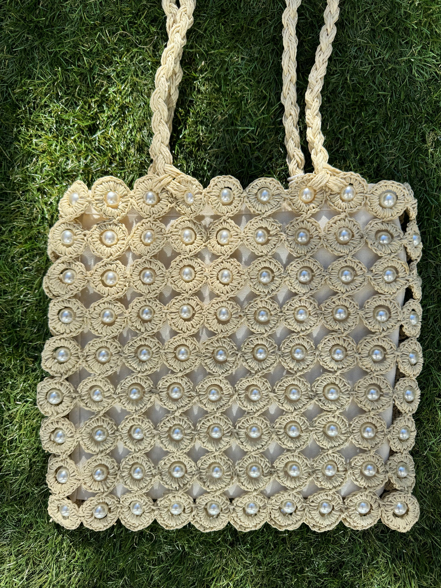 Haute Hippie Style Handwoven Double Handle Straw Raffia Pearl Embellished Tote