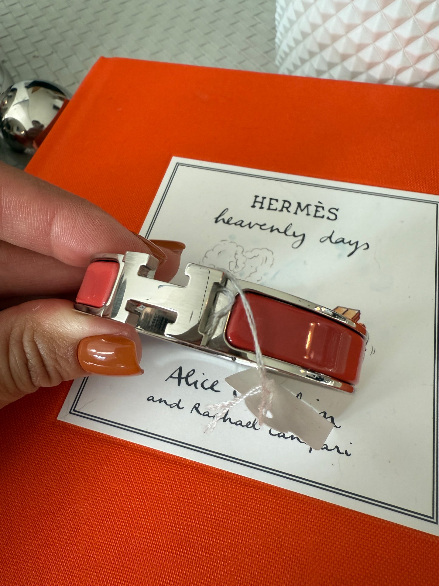 Hermes Clic H Clac Rouge Corail Coral Enamel Palladium Plated Bracelet PM New