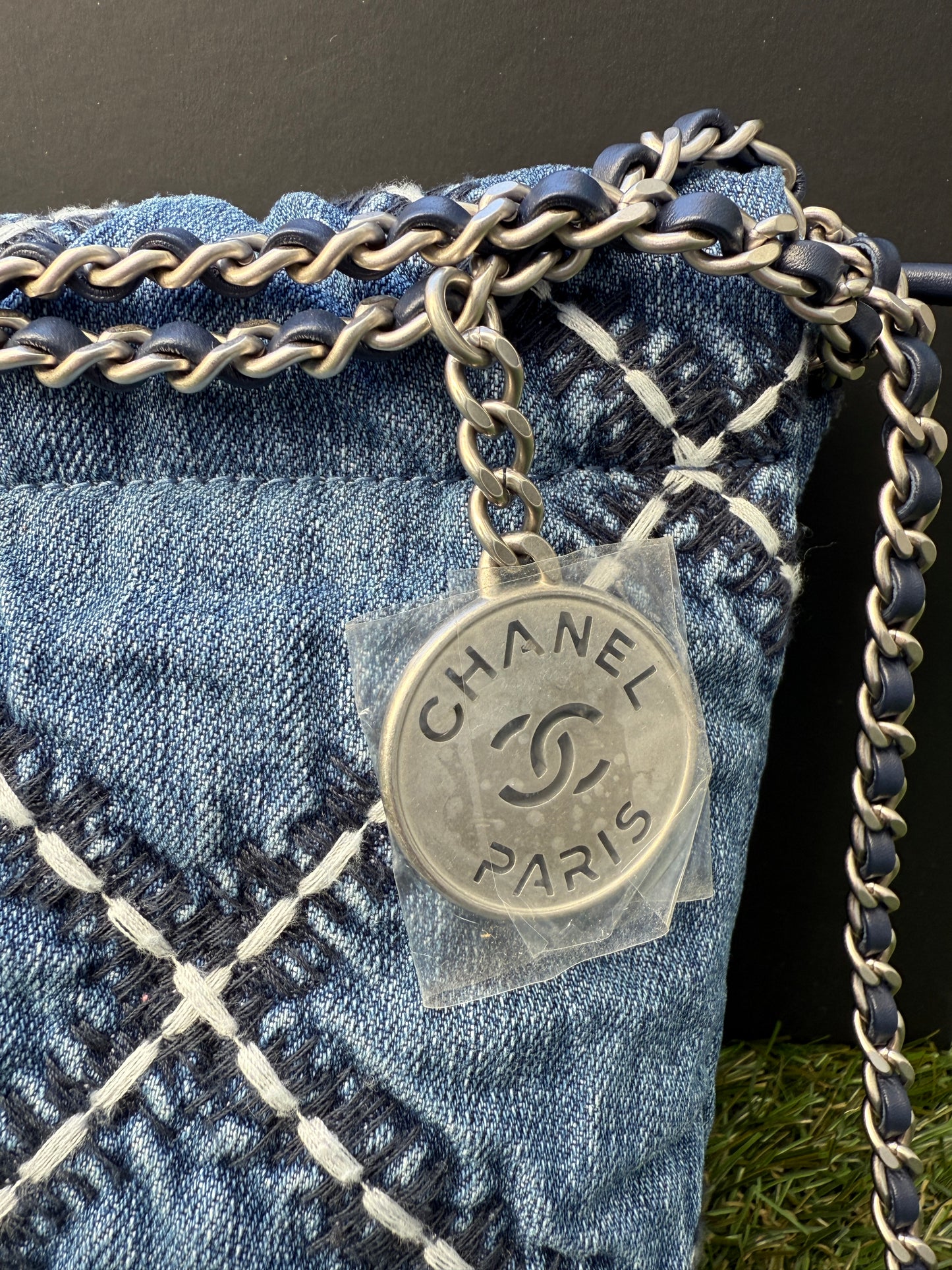 Chanel 22 Mini Denim Blue Quilted Jean Stitched Crossbody Hobo Bag Handbag 24P