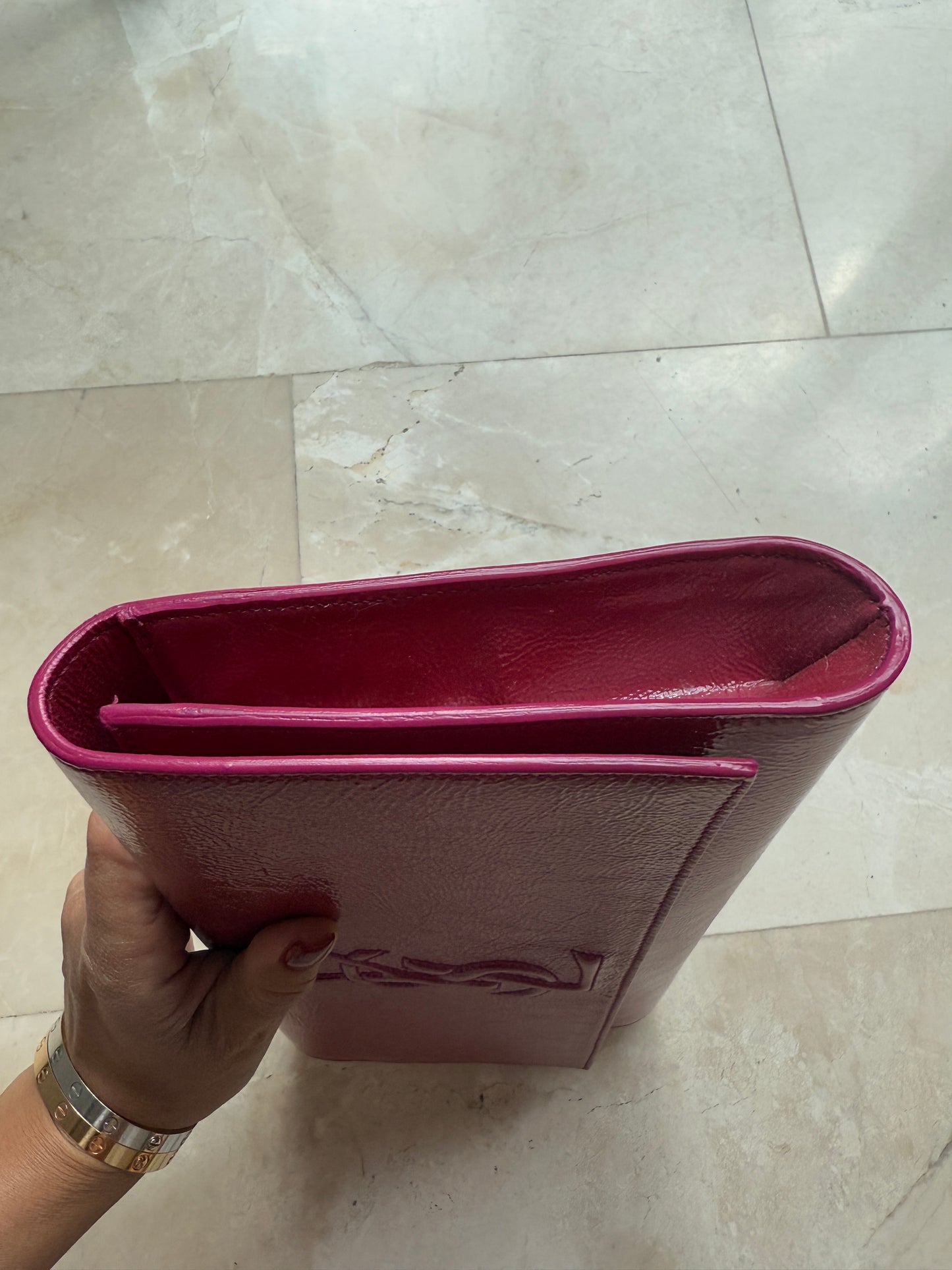 YSL Saint Laurent Patent Leather Large Sac Belle de Jour Fleur Corrigee Pigmentee Fuchsia Pink Clutch Handbag