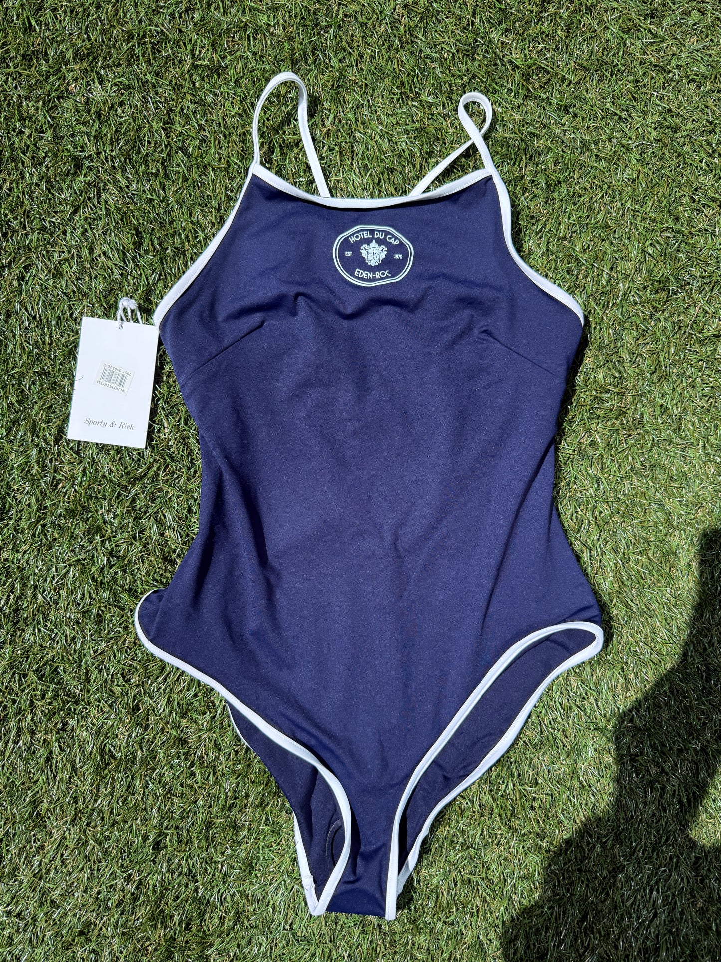 Sporty and Rich Eden-Roc Hotel Du Cap Navy Blue Crest One Piece Swimsut