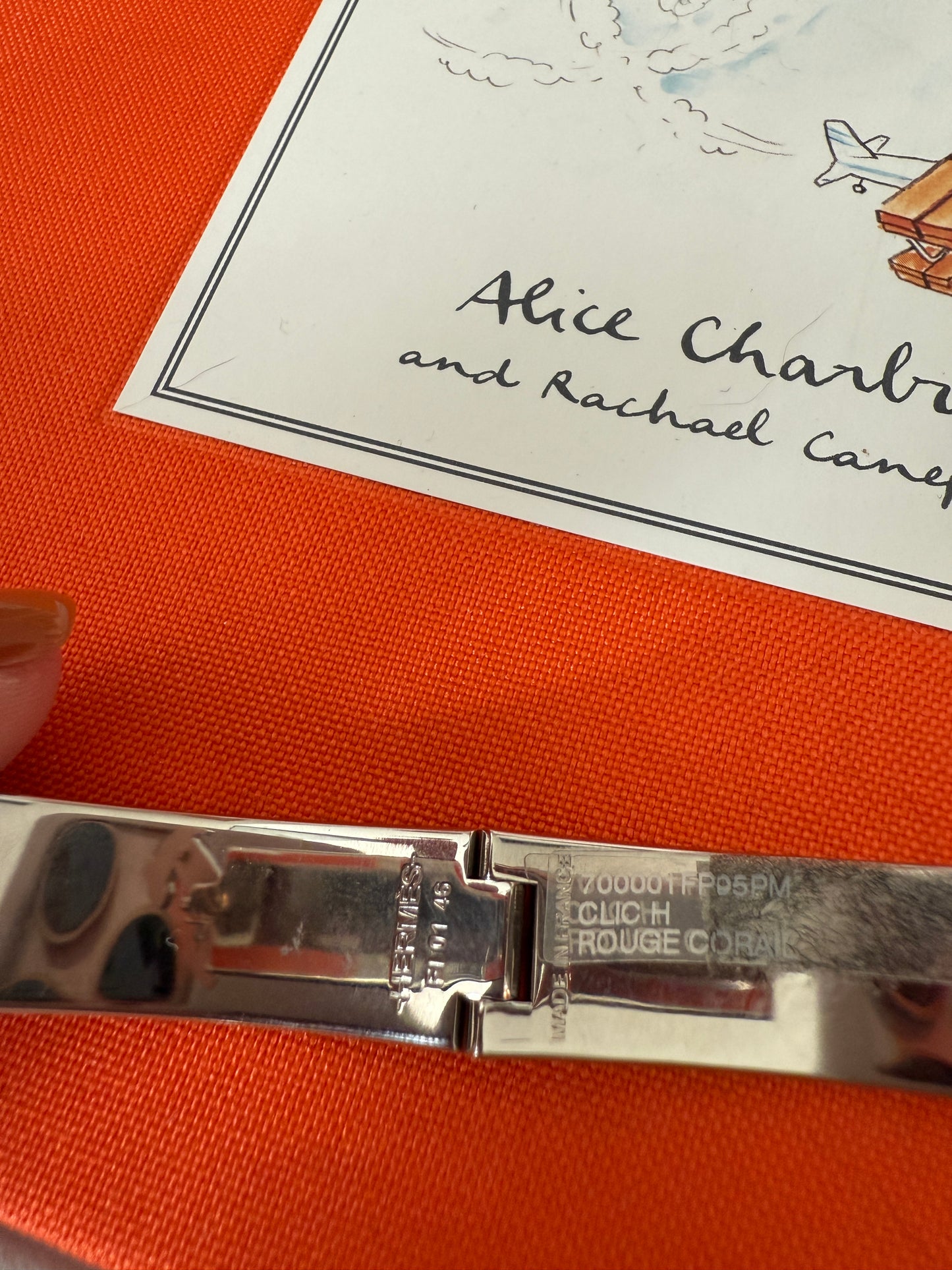 Hermes Clic H Clac Rouge Corail Coral Enamel Palladium Plated Bracelet PM New