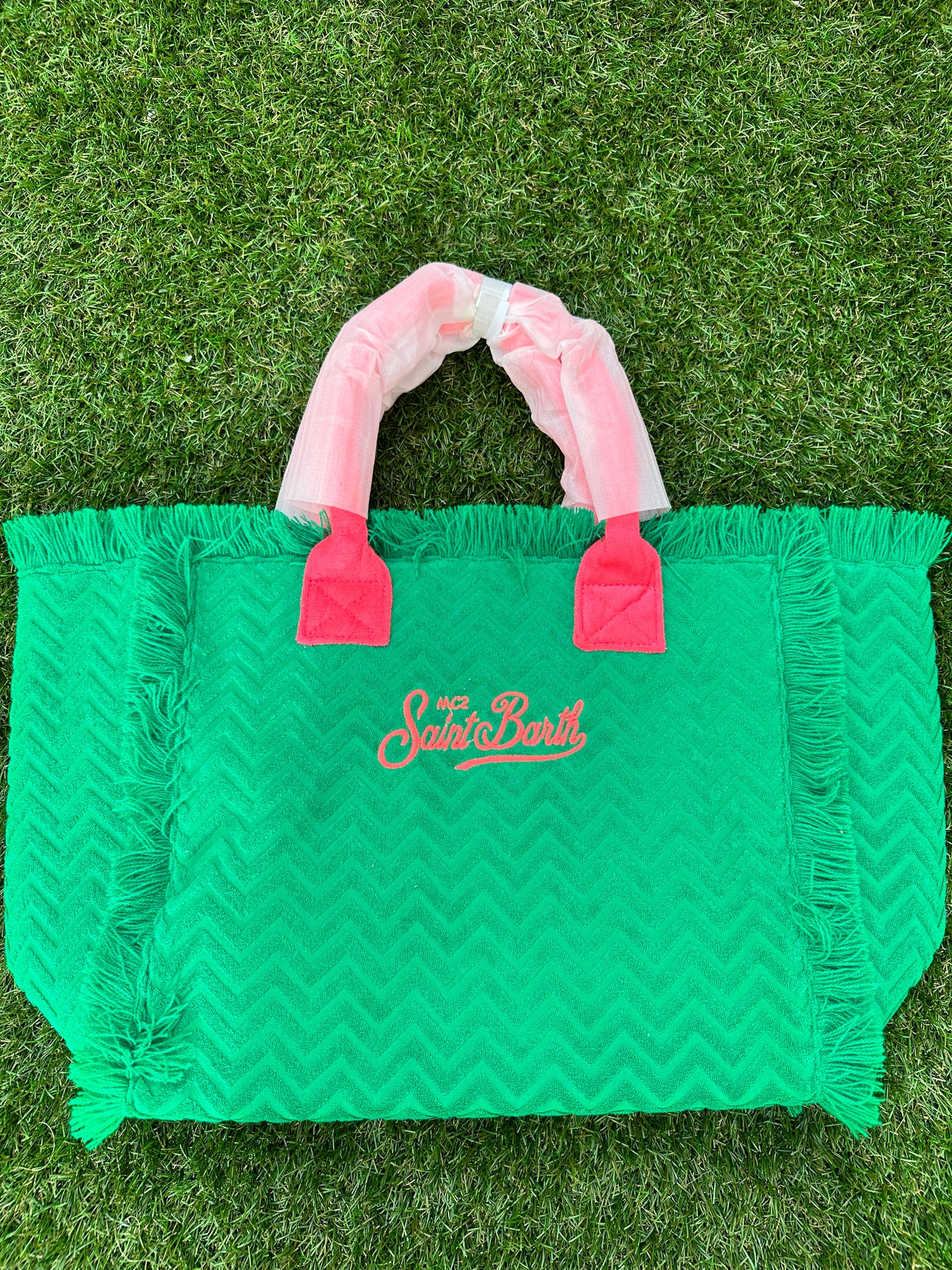MC2 Saint Barth Vanity Terry Embossed Green Fuchsia Pink Beach Tote Bag