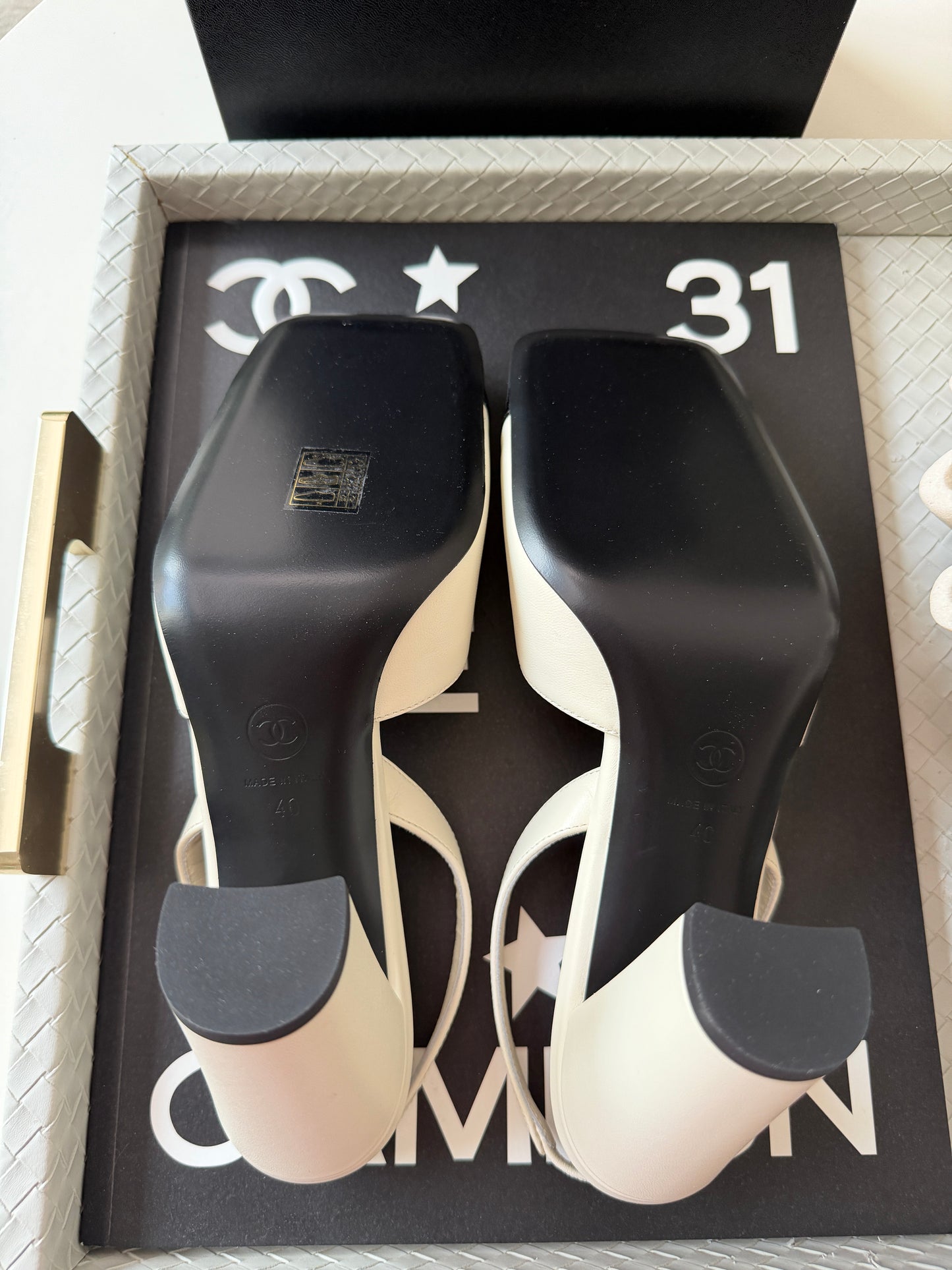 Chanel 26S Blazy Ivory Ecru Black Square Cap Toe Sling CC Slingback Chunky Heel Pumps