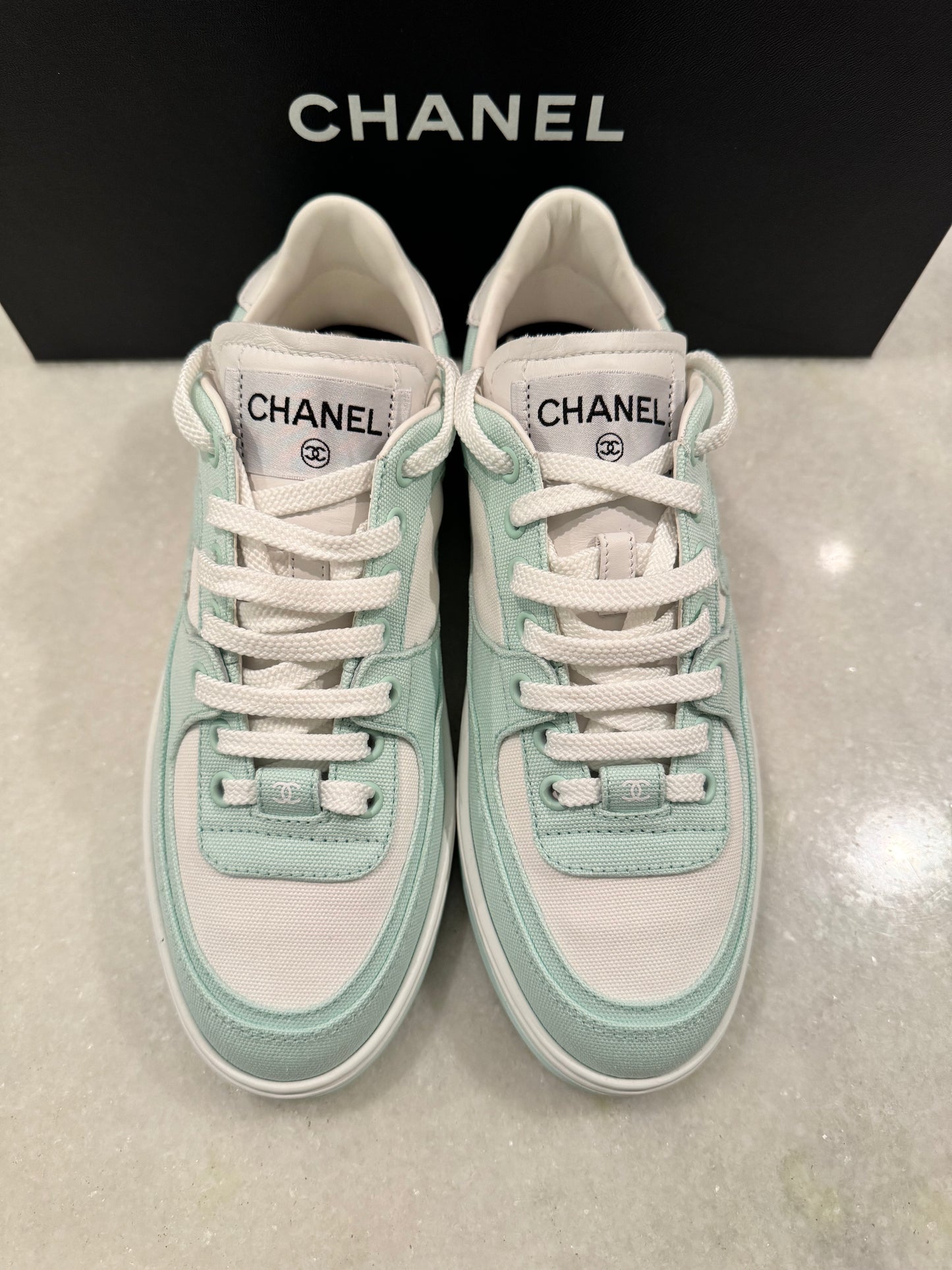 Chanel 24C Cruise 2024 Light Turquoise White Cotton CC Logo Trainers Sneakers