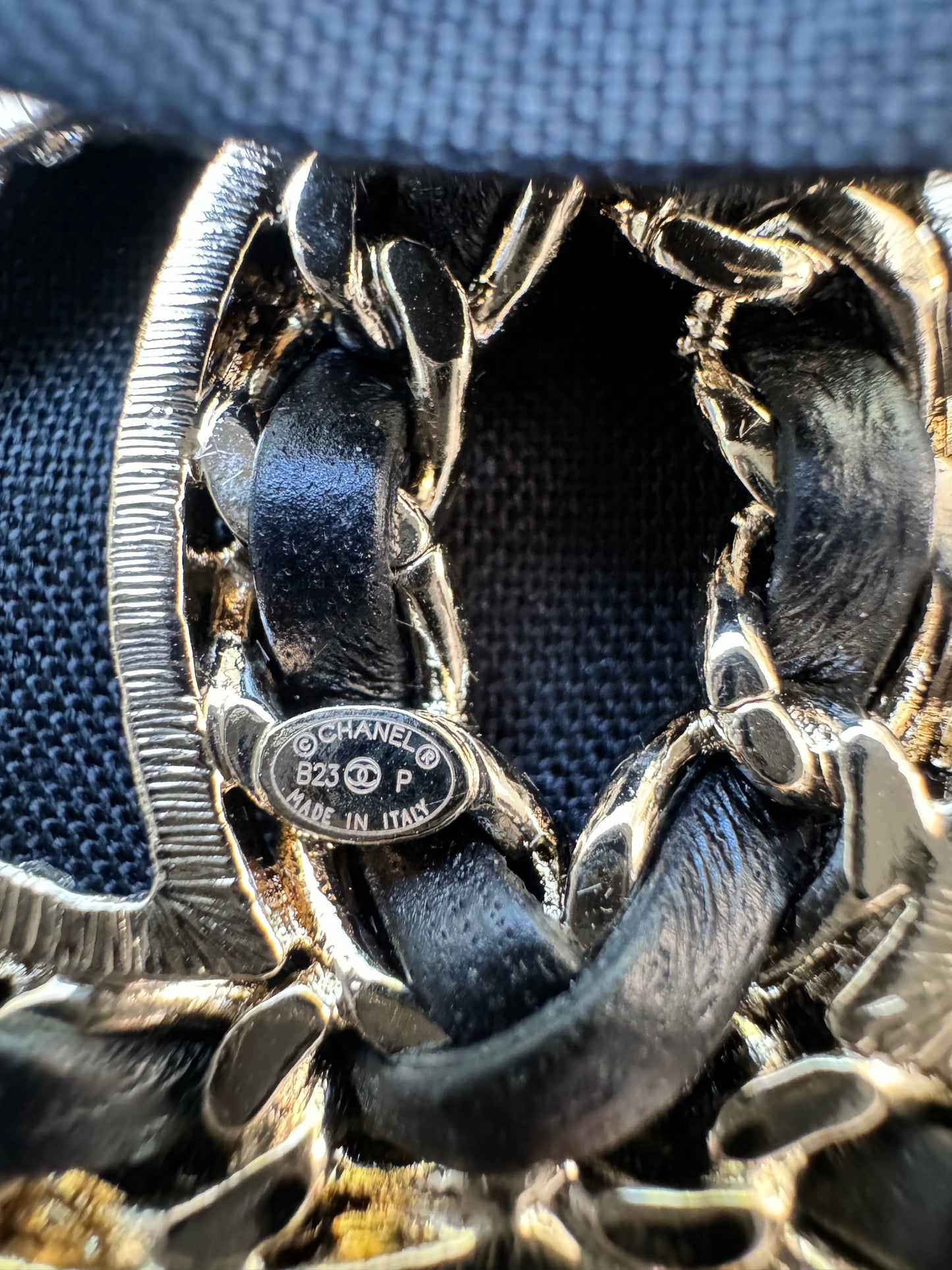 CHANEL 2023 23P GOLDEN GOLD TONE CC LOGO BLACK LEATHER CHAIN CRYSTALS BROOCH PIN