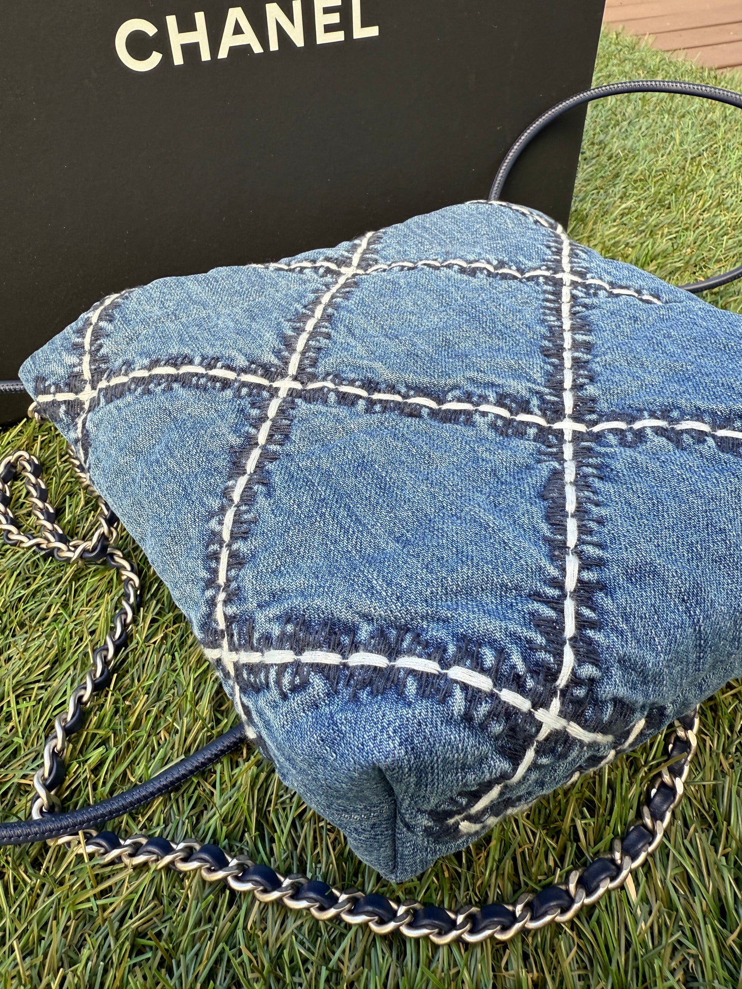 Chanel 22 Mini Denim Blue Quilted Jean Stitched Crossbody Hobo Bag Handbag 24P