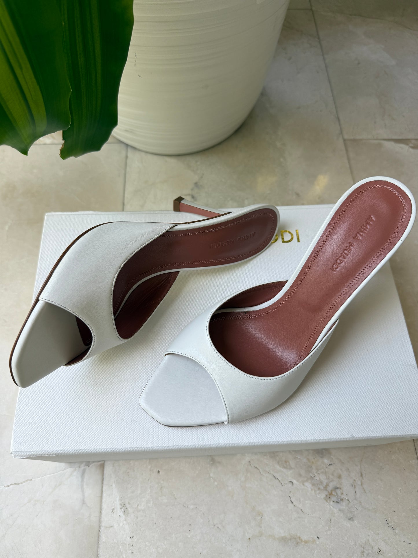 Amina Muaddi Alexa Slipper Peep Toe Slide White Leather Shoes Heels 90mm