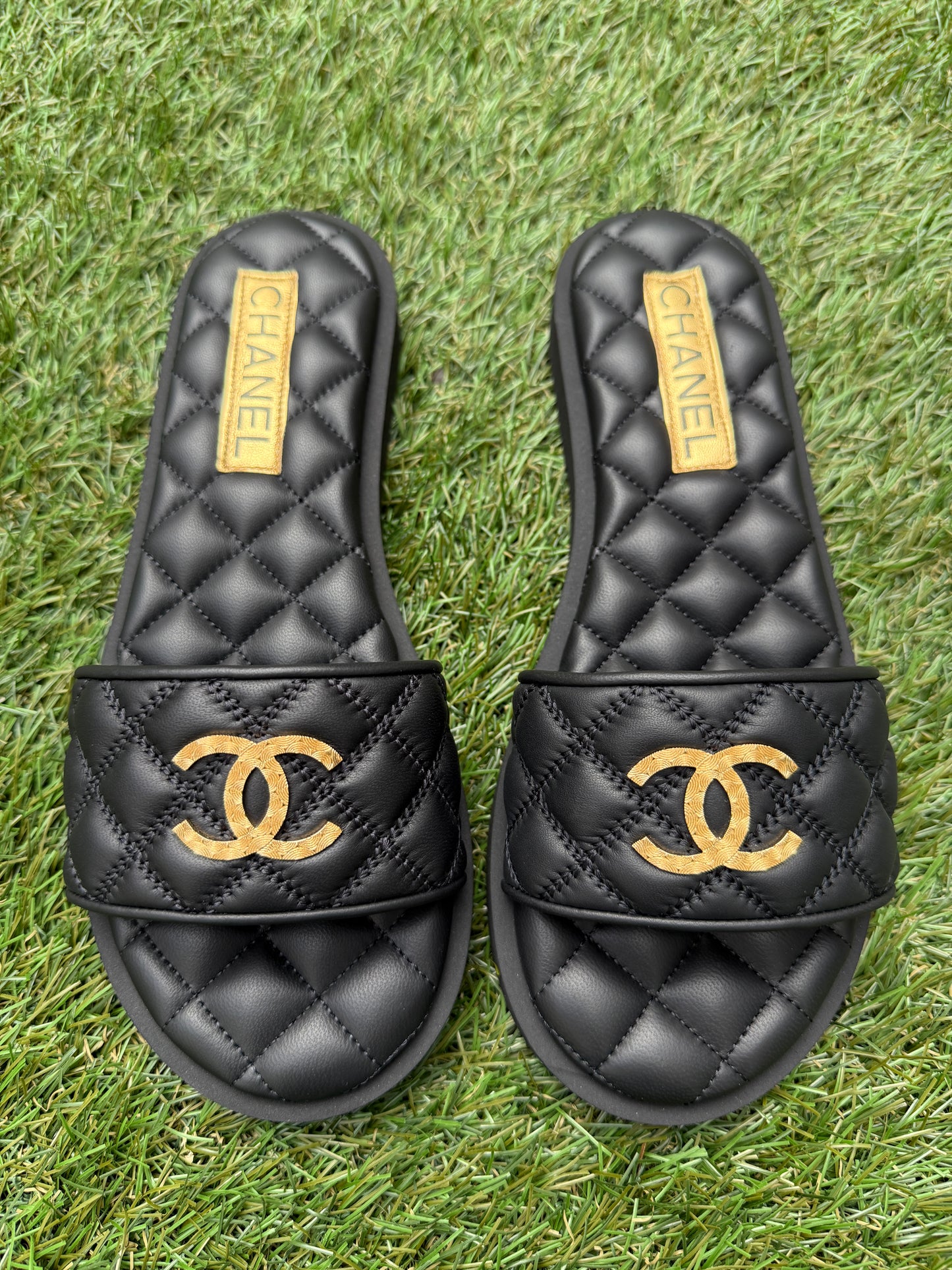 Chanel SS25 Black Leather Quilted CC Gold Tone Logo Sandals Slides Mules