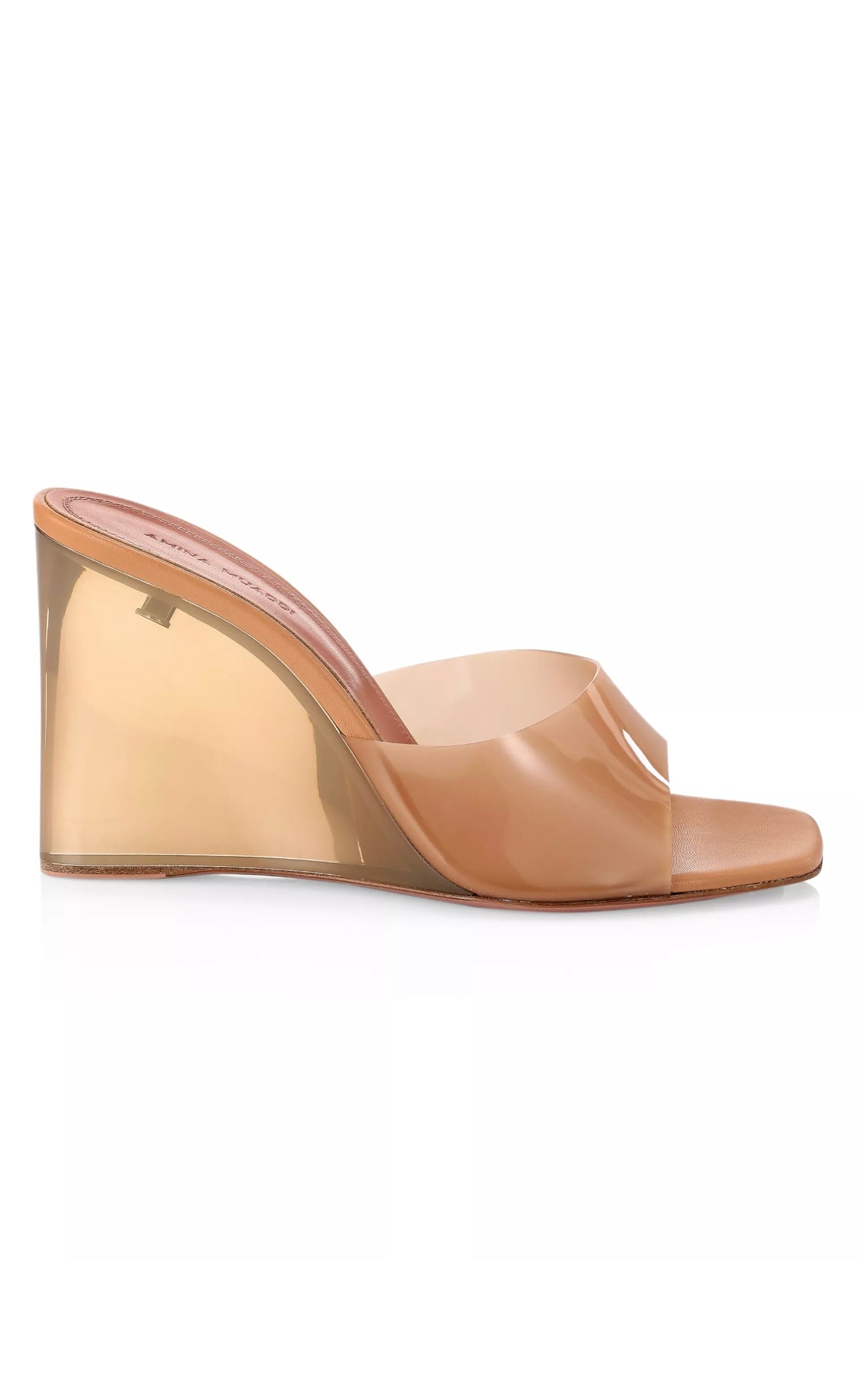 Amina Muaddi Lupita Glass Wedge PVC Tan Beige Mules Sandals Heels Shoes