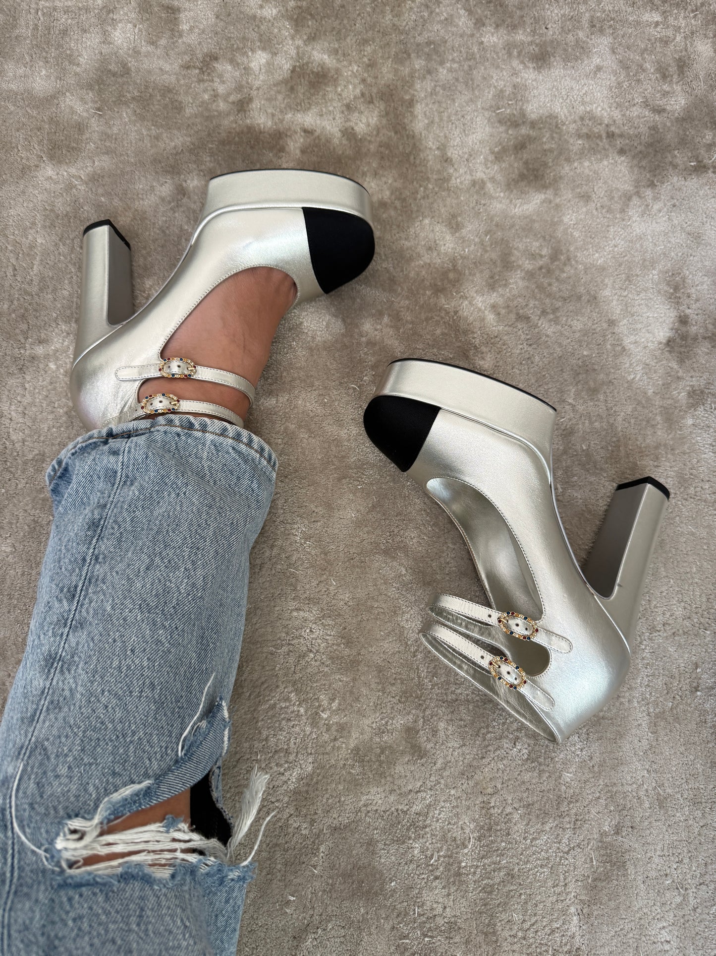 2025 CHANEL BLACK CC LOGO CAPTOE SILVER LEATHER MARYJANE HEELS PLATFORM PUPMS