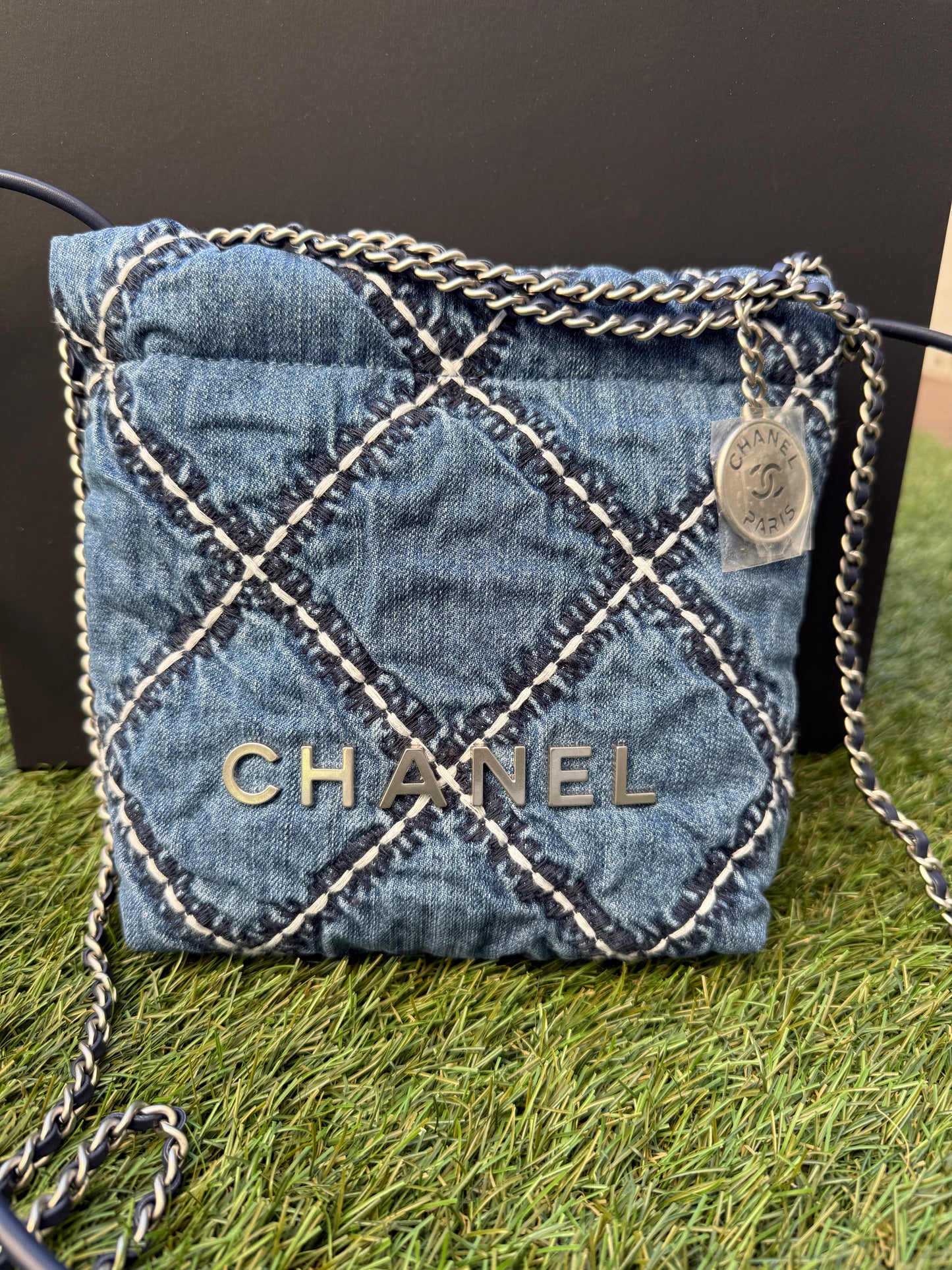 Chanel 22 Mini Denim Blue Quilted Jean Stitched Crossbody Hobo Bag Handbag 24P