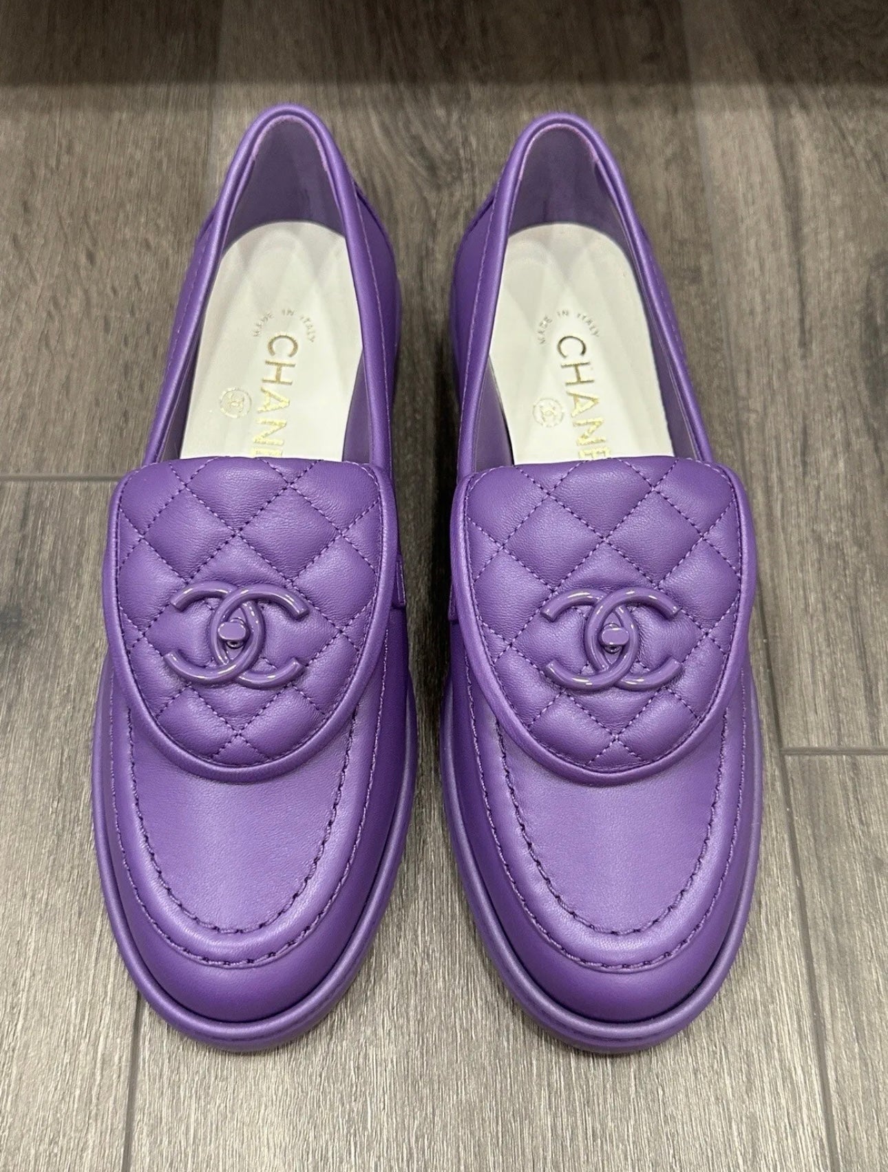 Chanel 23P Purple Quilted Flap Turn Lock CC Logo Slip On Flat Oxford Loafers Mocassins