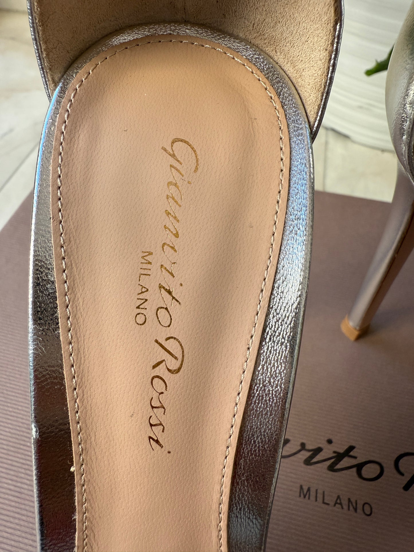 Gianvito Rossi Portofino 105 Silver Metallic Leather Ankle Strap PVC Sandals Pumps Heels