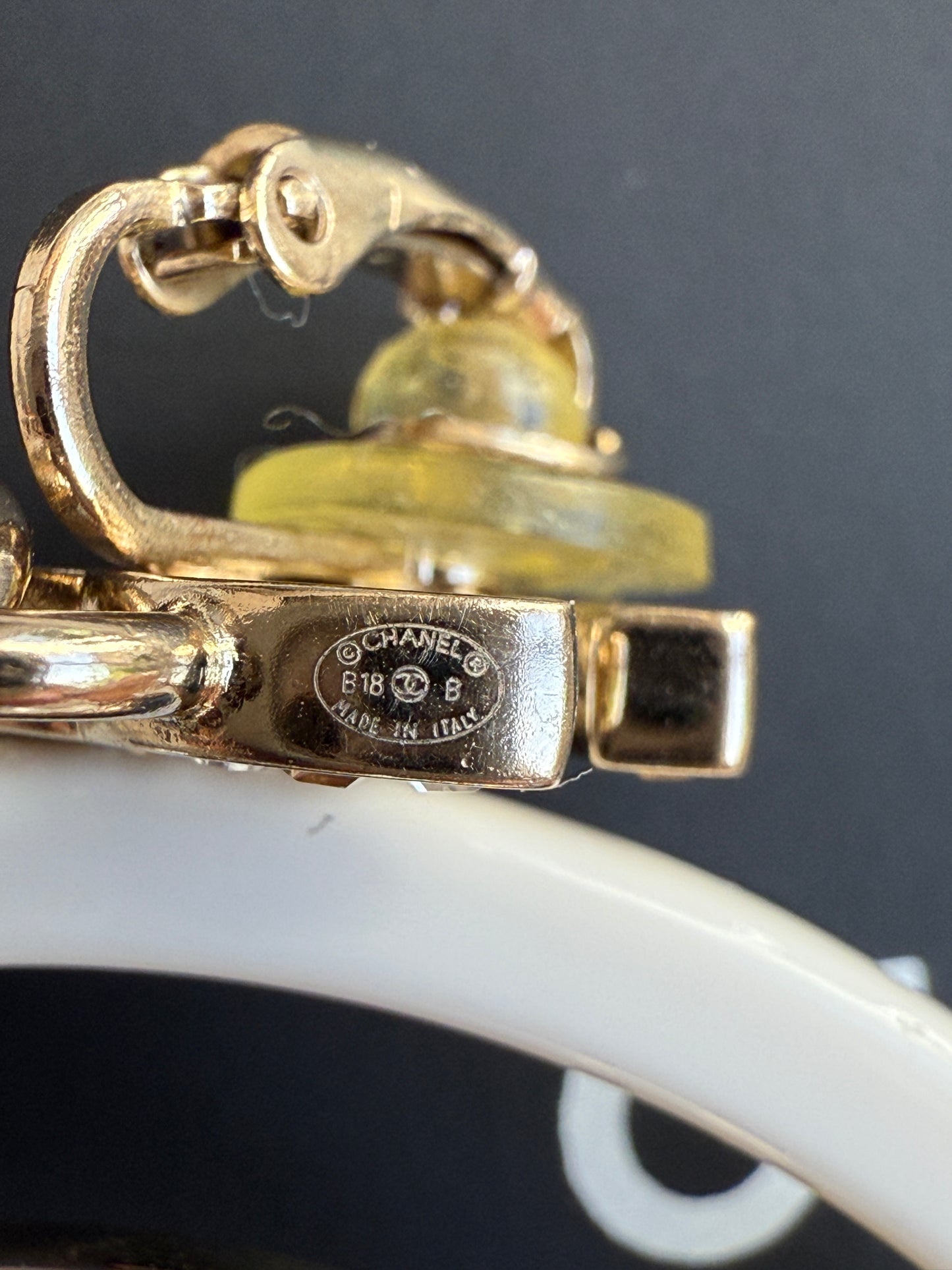 Chanel 18B Ivory White Resin Plastic Disco CC Logo Crystal Gold Tone Pearls Round Clip on Earrings Drop Hoop
