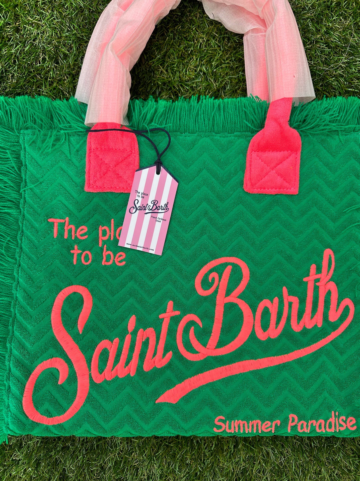 MC2 Saint Barth Vanity Terry Embossed Green Fuchsia Pink Beach Tote Bag