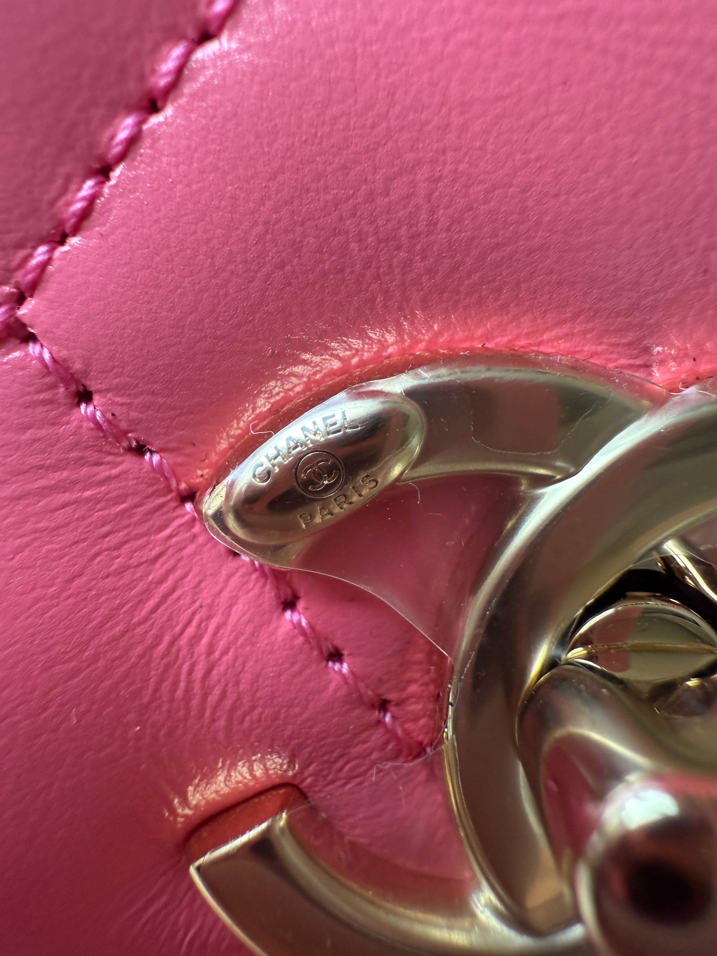 CHANEL 2024C PINK LEATHER MINI RECTANGULAR CROSSBODY TOP HANDLE BAG GOLD HW