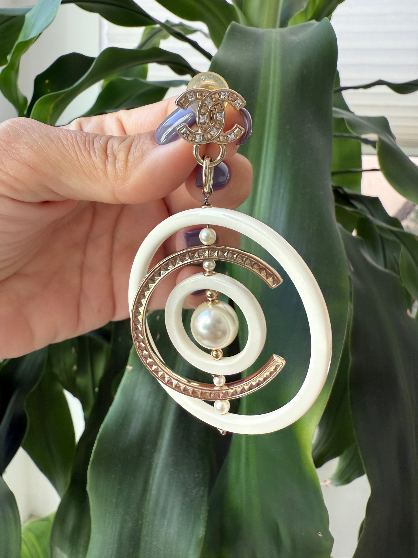 Chanel 18B Ivory White Resin Plastic Disco CC Logo Crystal Gold Tone Pearls Round Clip on Earrings Drop Hoop