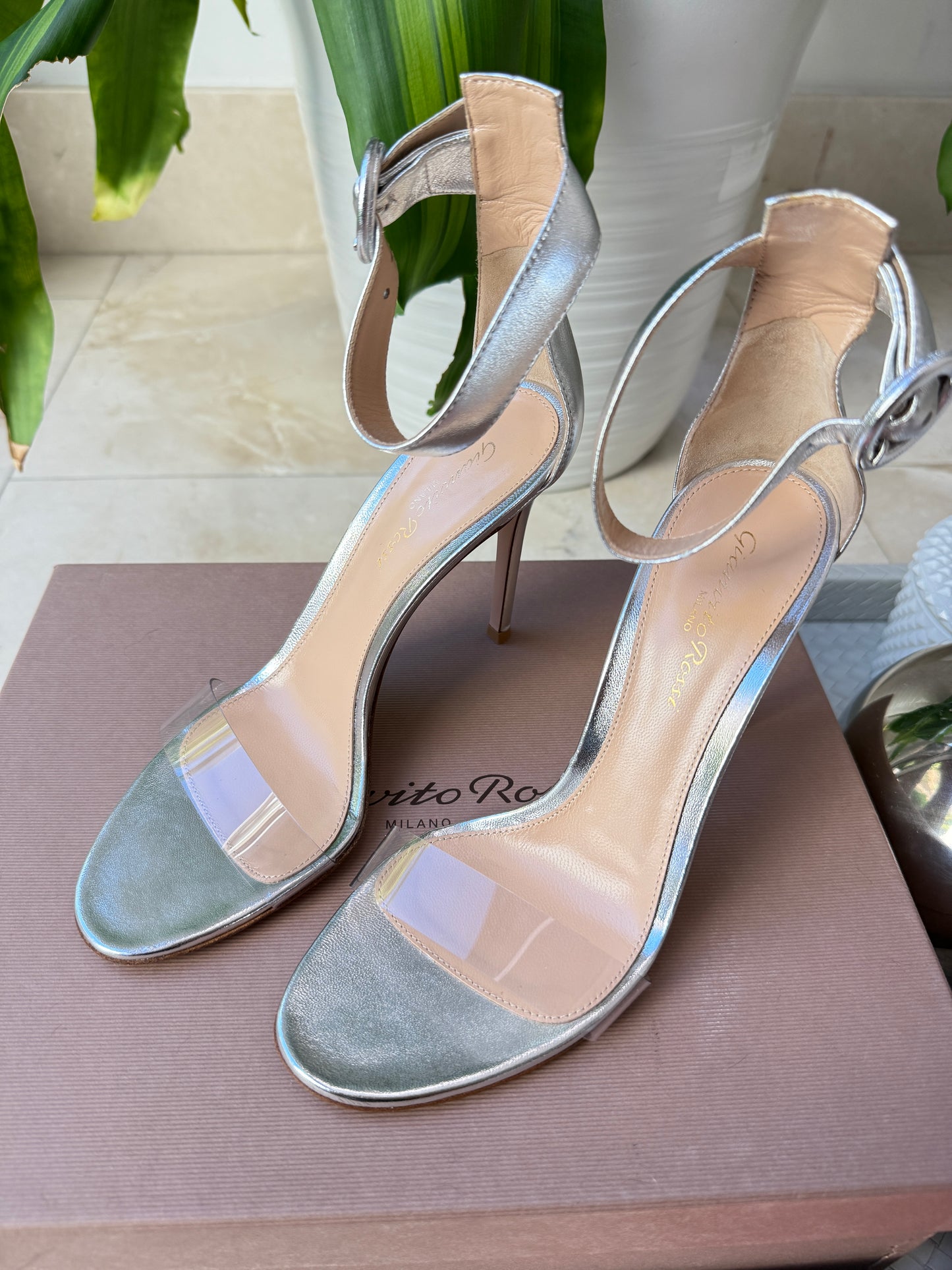 Gianvito Rossi Portofino 105 Silver Metallic Leather Ankle Strap PVC Sandals Pumps Heels