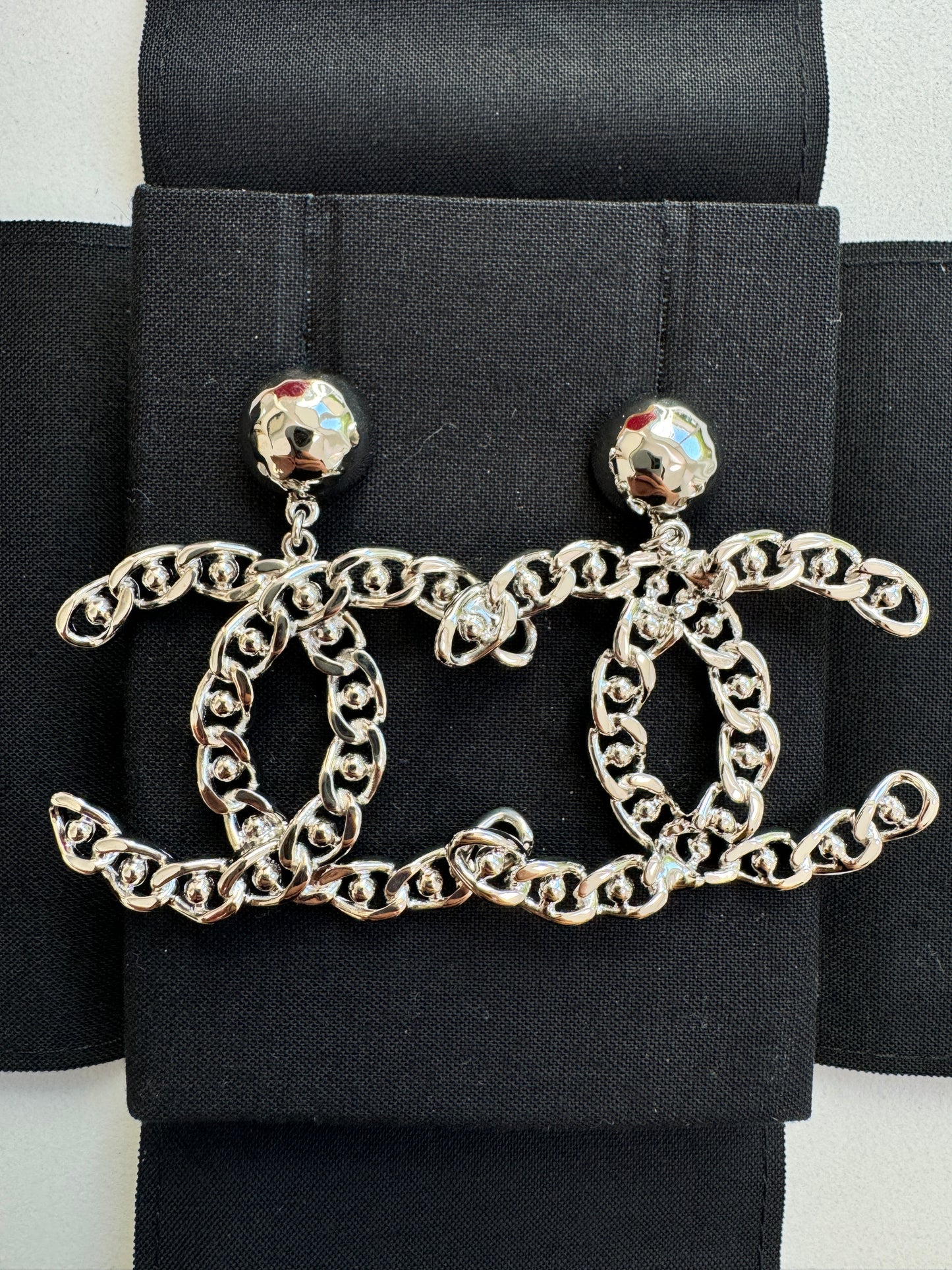 Chanel 22A CC Logo Silver Chain Chained Stud Big Large Drop Dangle Earrings